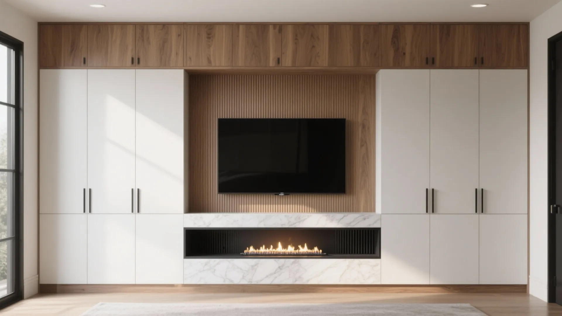 Built-in Media Wall with Fluted Panels and a Slim Fireplace