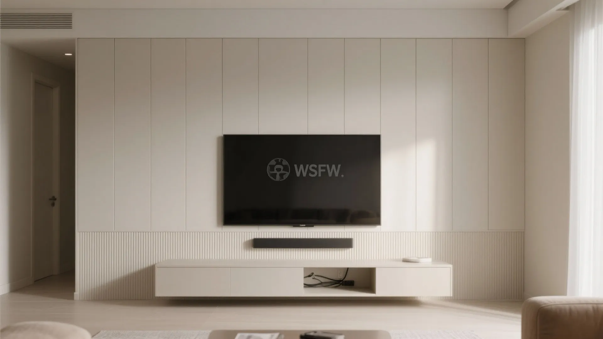 3) Fluted wall panels behind the media unit