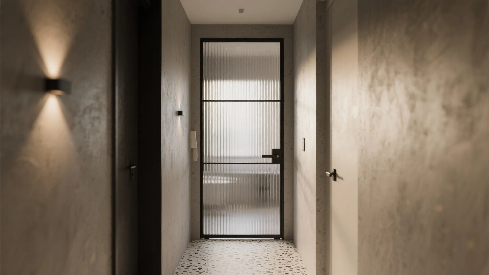 Modern hallway with glass door and black frame stone walls wall lights and tiled floor
