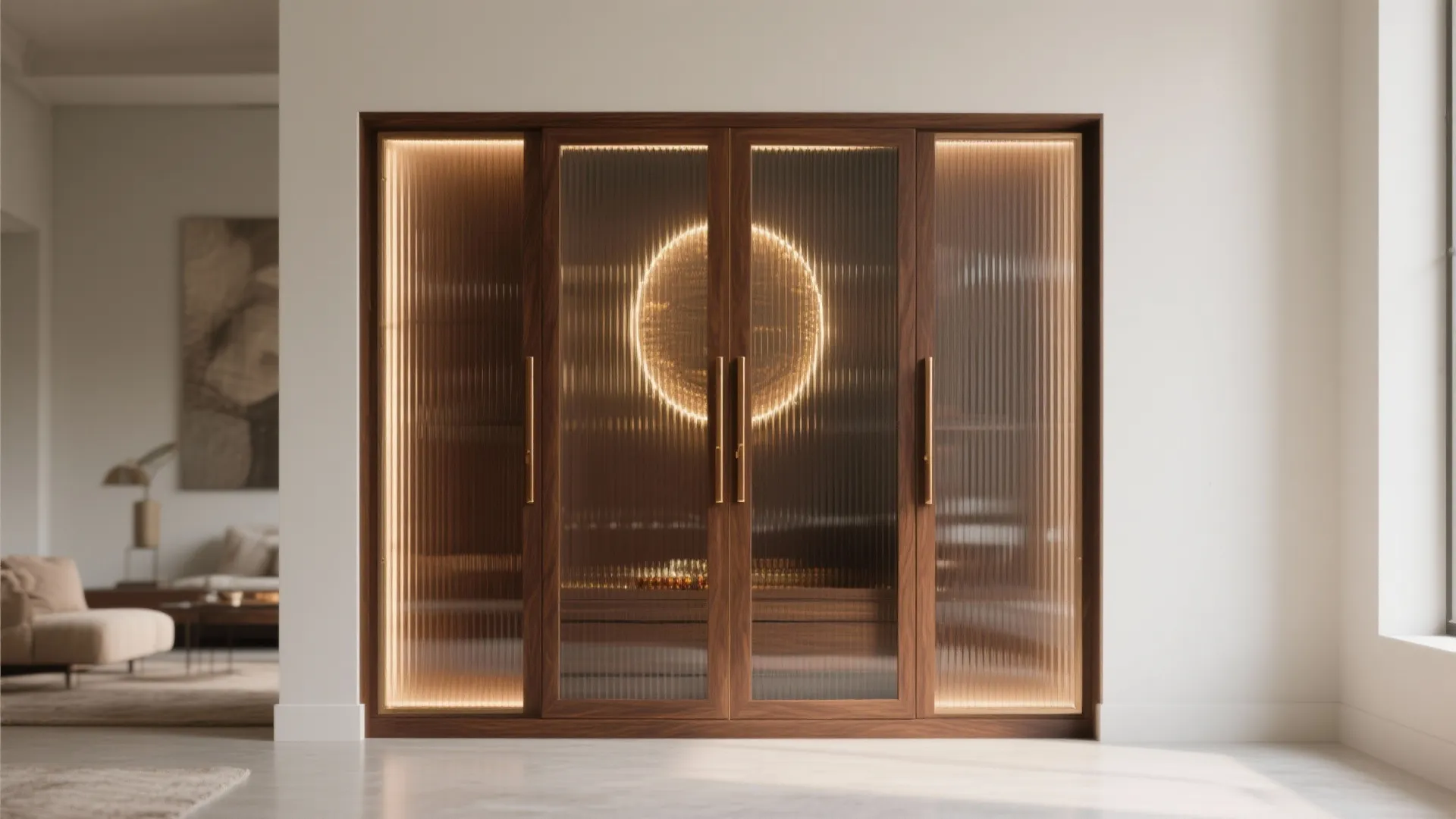 Modern dark wood cabinet with ribbed glass doors and warm internal lighting in bright room