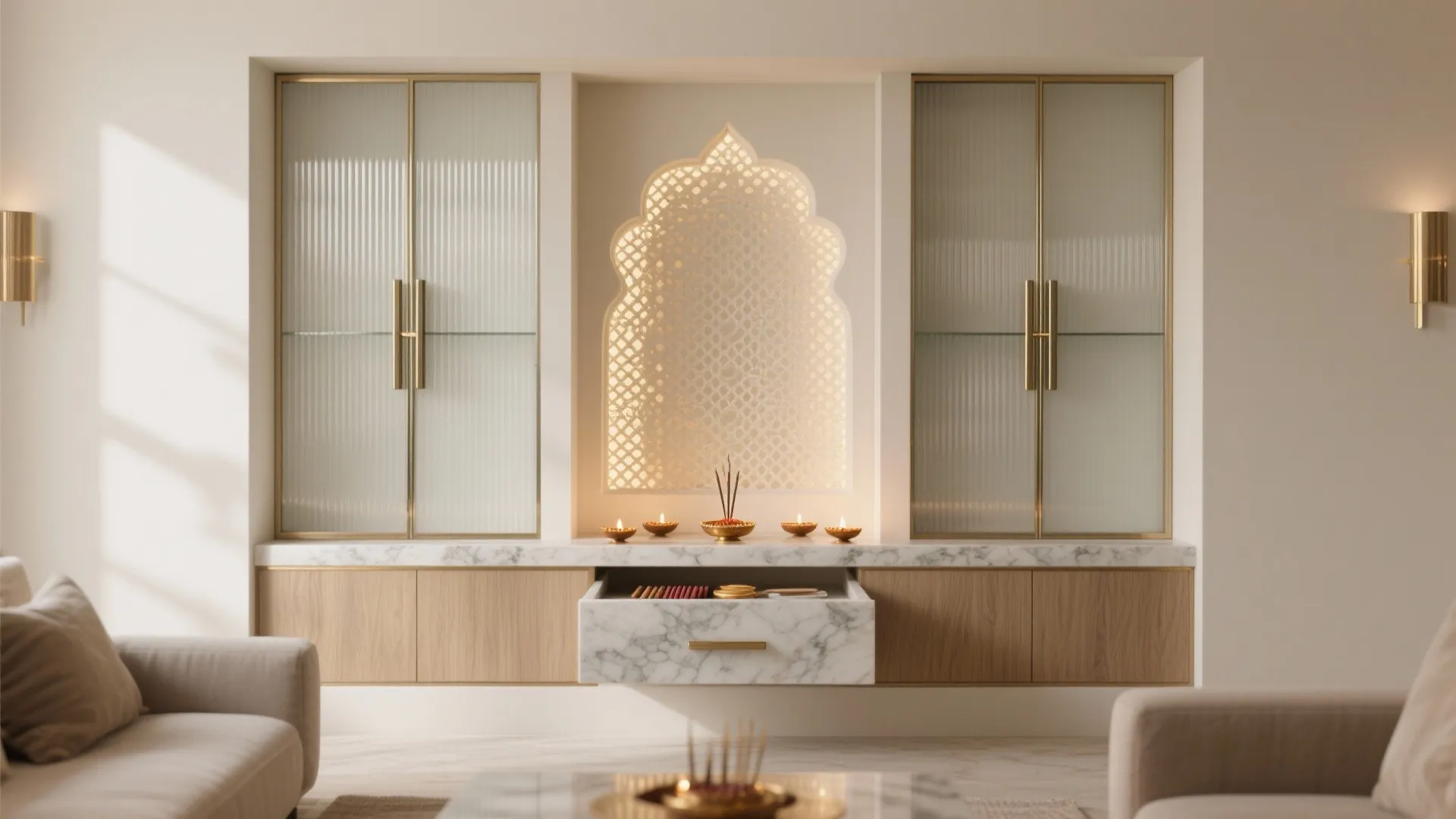 Fluted-glass niche mandir