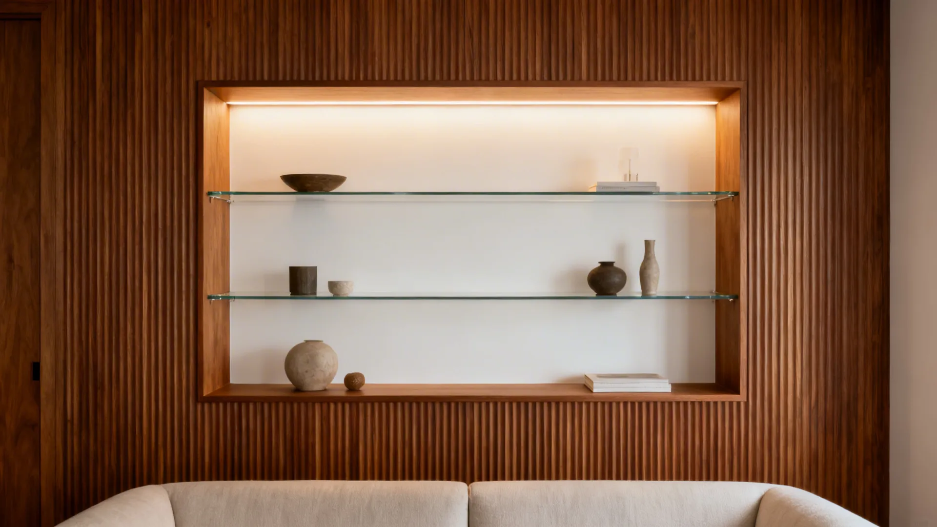 Recessed glass showcase with fluted oak frame and soft backlighting in a cozy living room.