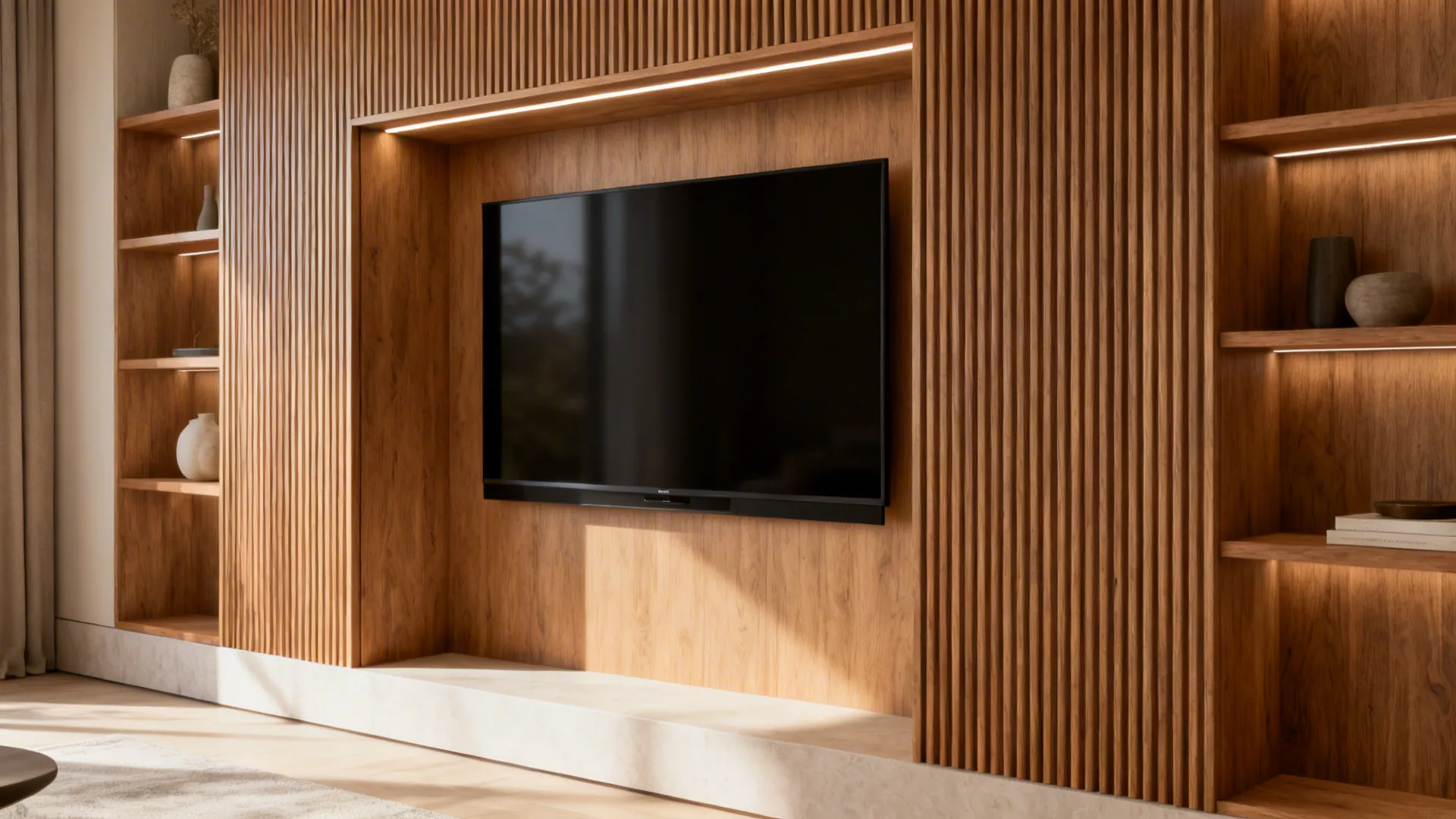 Shallow TV niche framed by fluted oak panels with a slim shadow reveal and LED lighting.