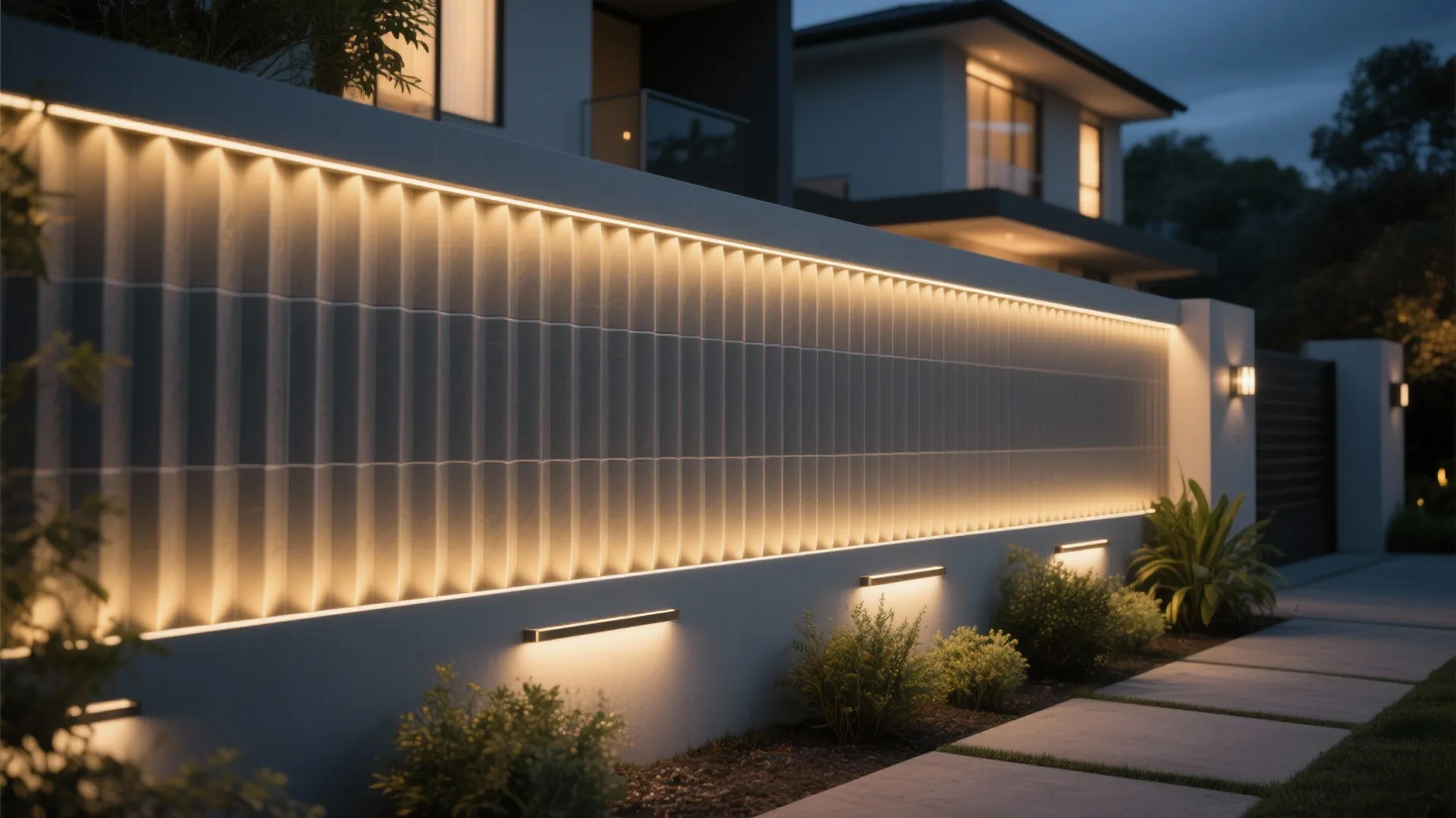 Outdoor wall at night featuring a long row of warm yellow wall lights and plants