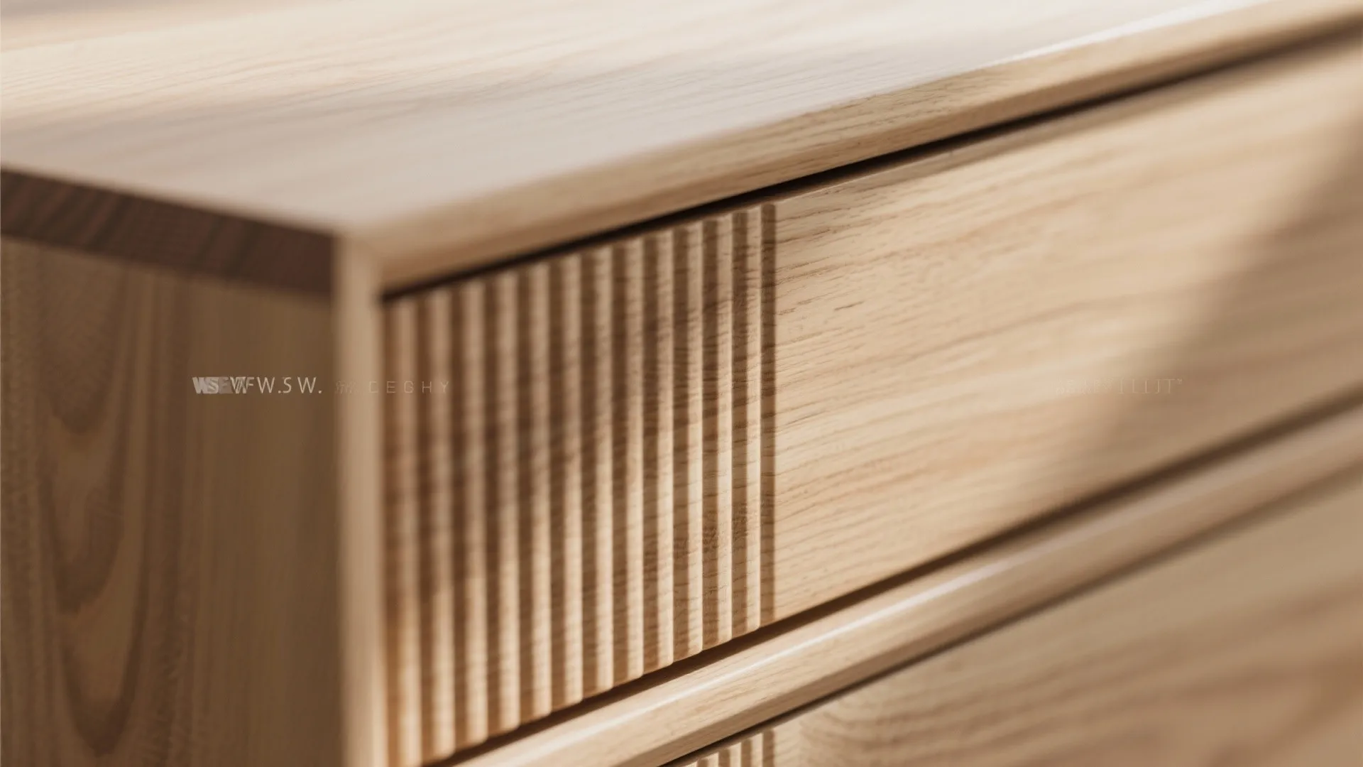 Close up view of light wood cabinet drawers with vertical line patterns and smooth surfaces