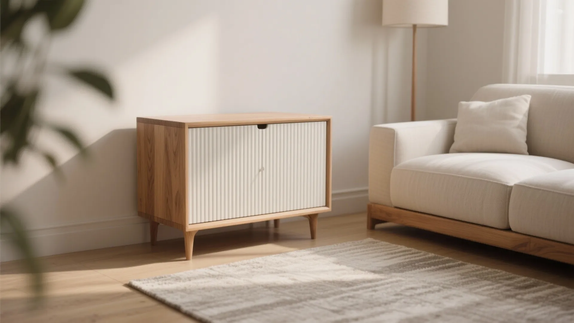 Ribbed white-oak small chest with soft corners as a focal piece in a neutral living room.