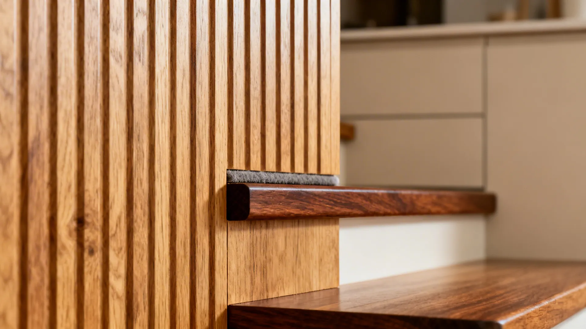 Macro of fluted oak panel and walnut edge with low-sheen finish