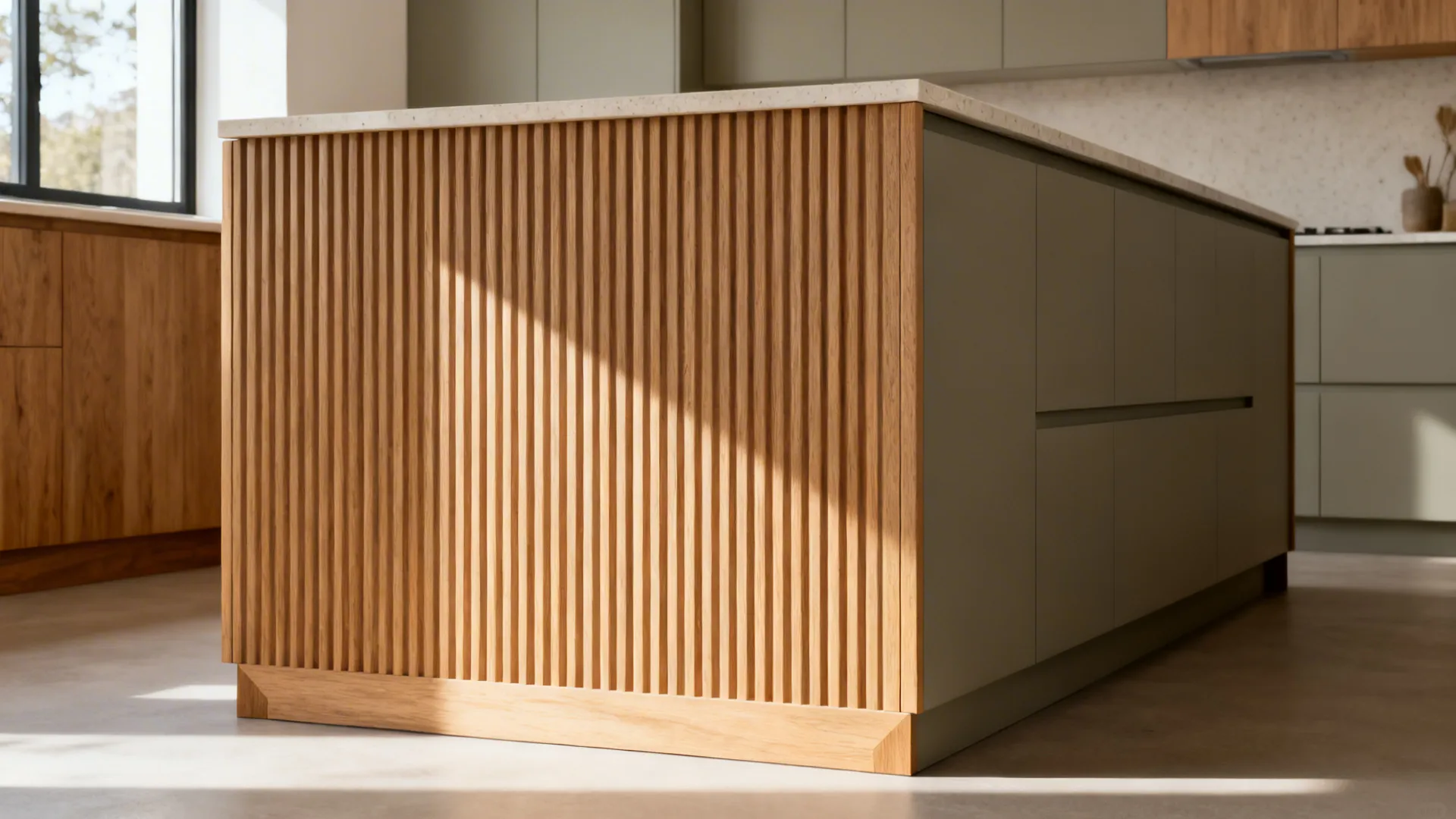 Vertical fluted oak back panel adds subtle texture to a compact modern kitchen island.