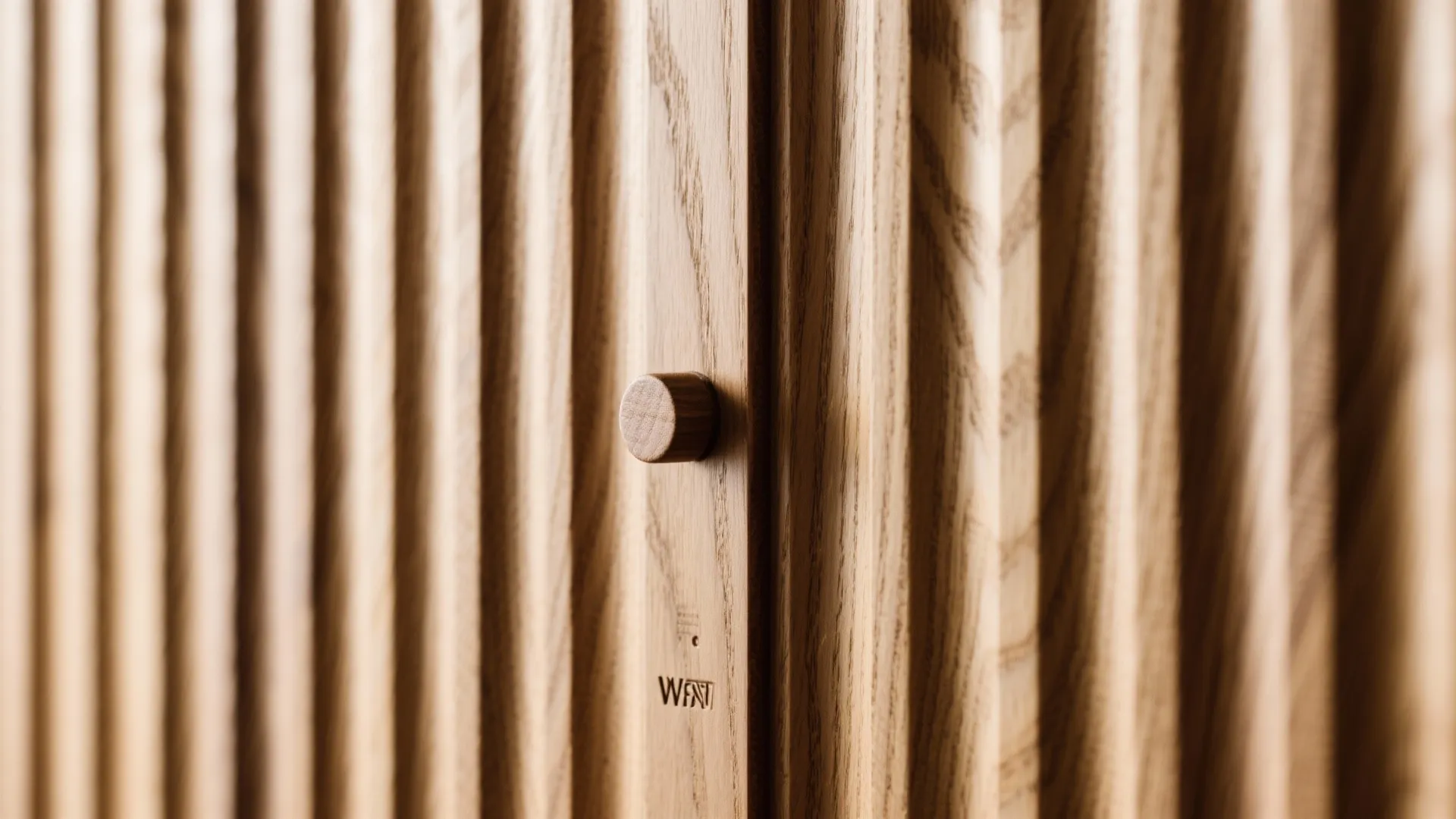 Close-up of vertical light wood wall panel texture with a small round matching wooden knob