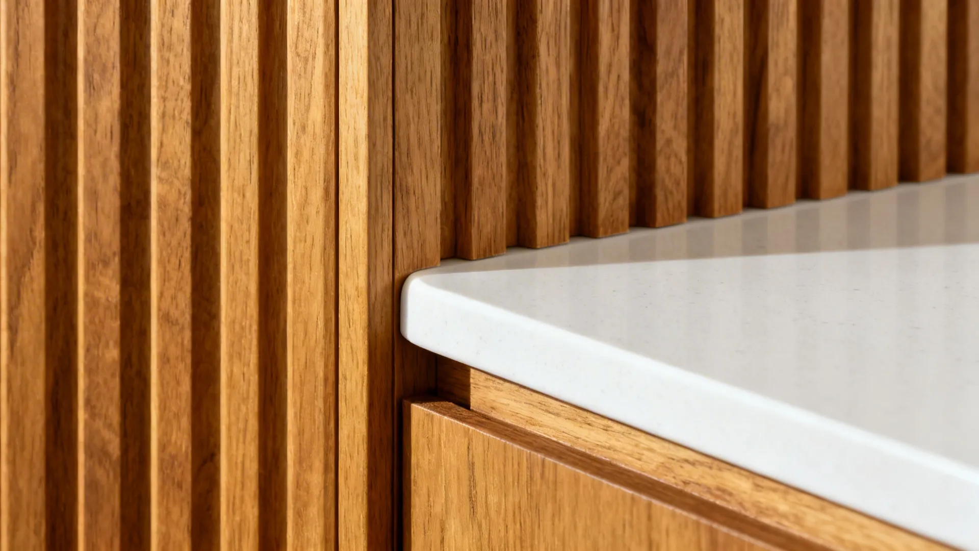 Macro of fluted oak peninsula meeting a white quartz top with precise, clean joinery.