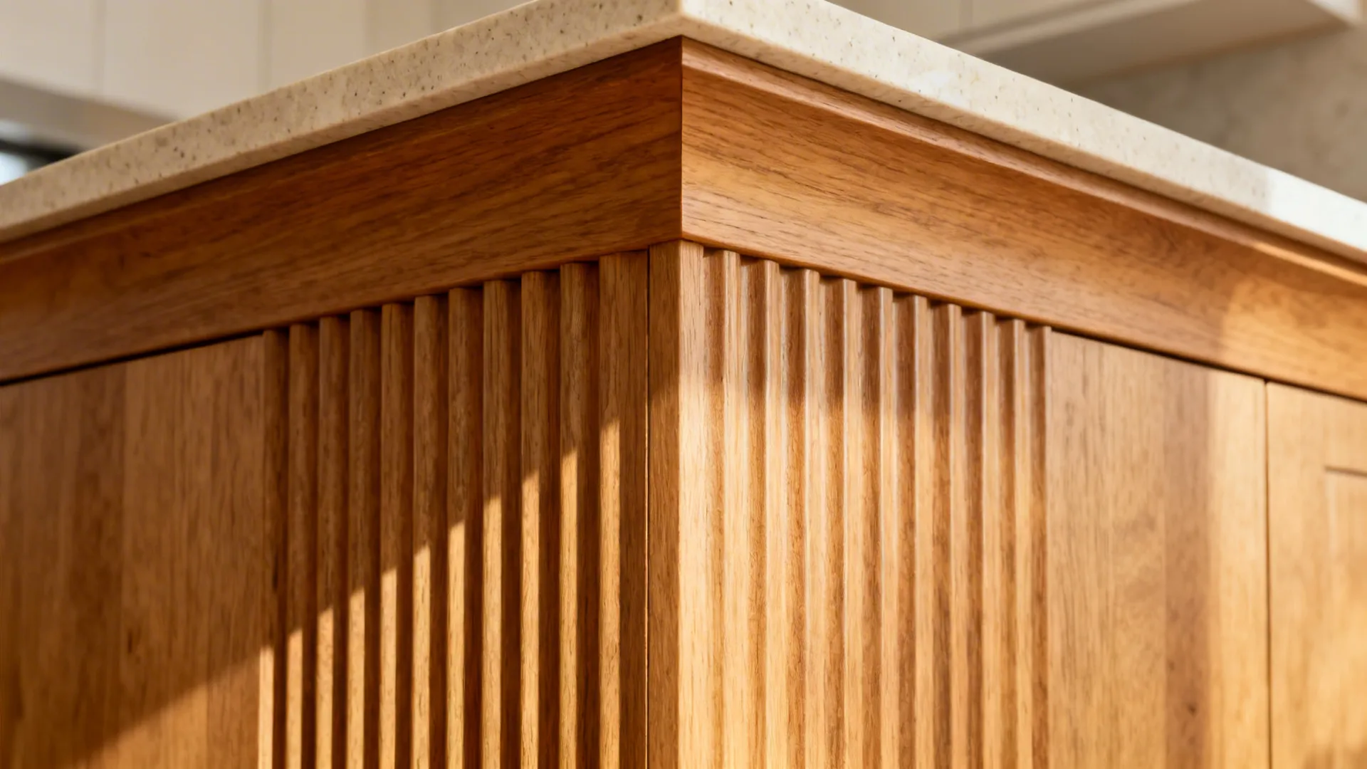 Close up of a wooden kitchen island with vertical wood panels and a white stone countertop
