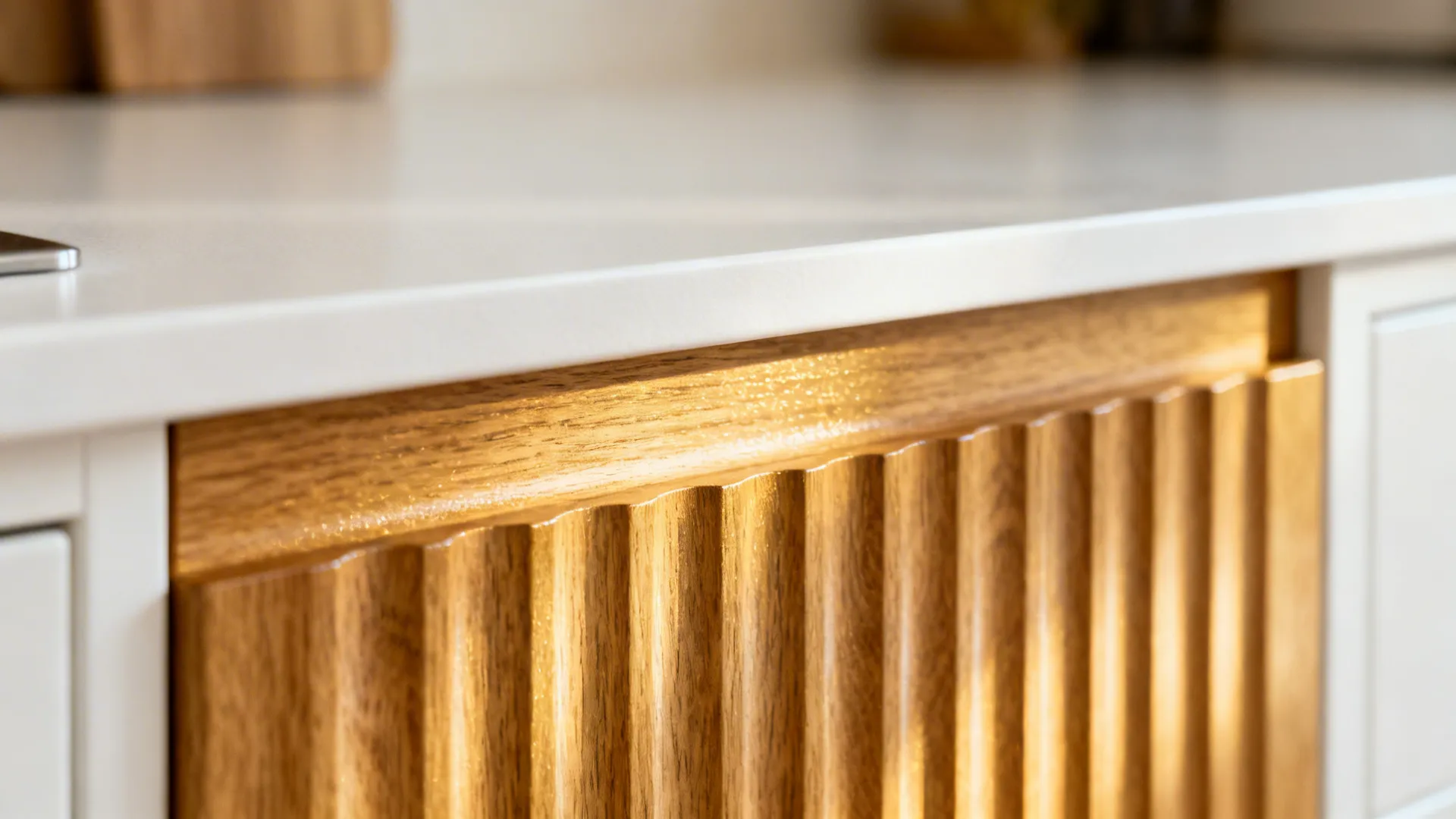 Macro of fluted oak panel next to a matte white cabinet surface in warm light.
