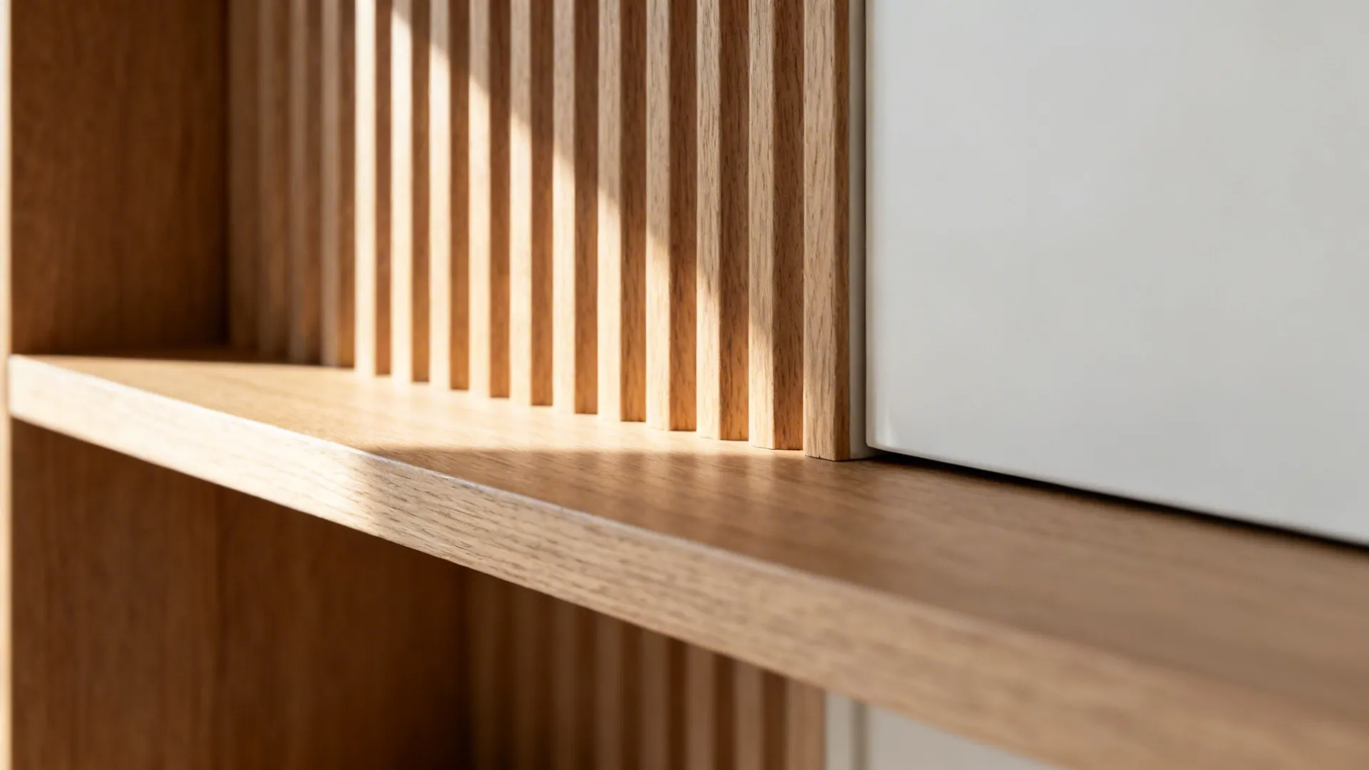 Macro of fluted oak shelf showing warm grain and matte finish beside white cabinetry.