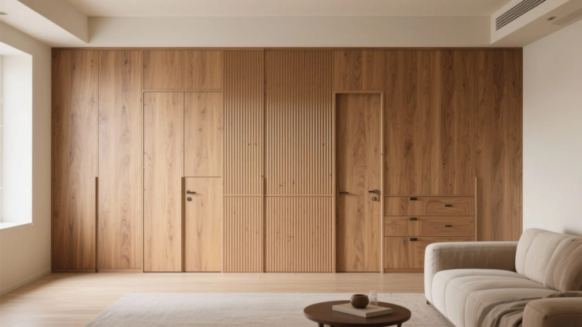 Modern living room with wooden wall storage cabinet, beige sofa, round coffee table, and rug