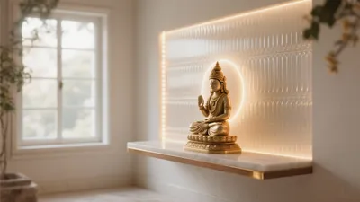 Serene Home Meditation Corner with Gold Buddha Statue