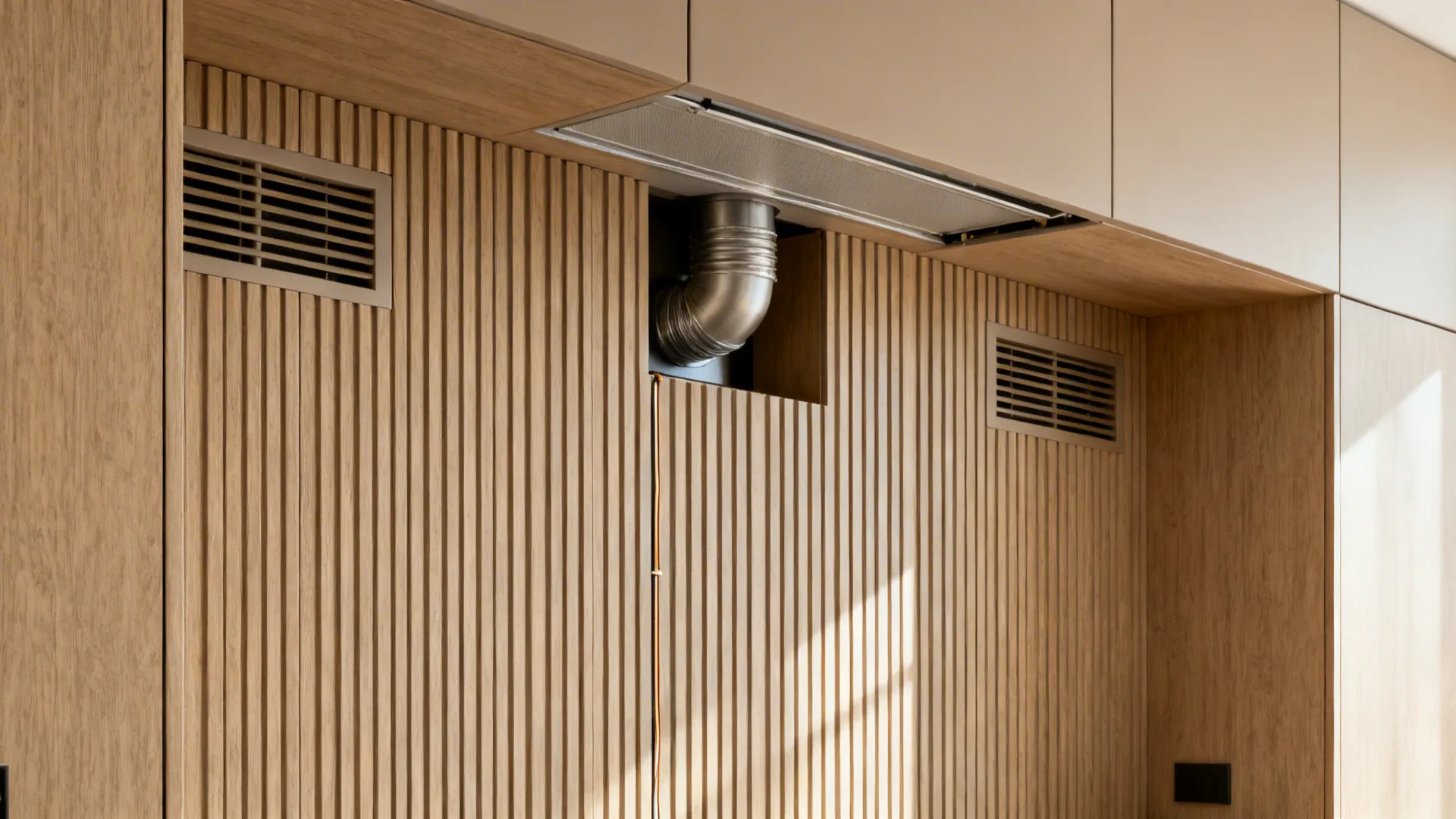 Chimney concealed behind vertical fluted panels with discreet venting.