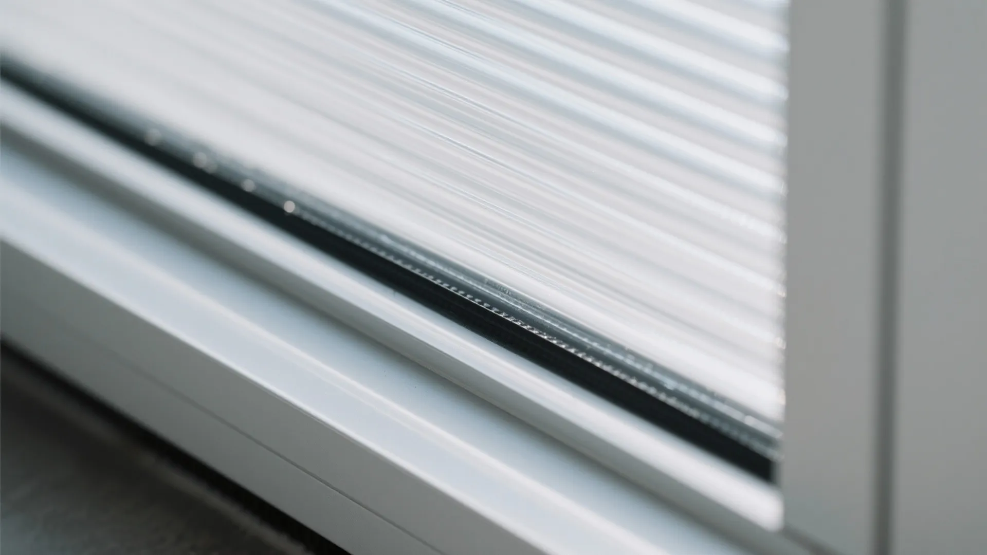 Close up view of white wall panel with vertical lines and a smooth metal frame edge