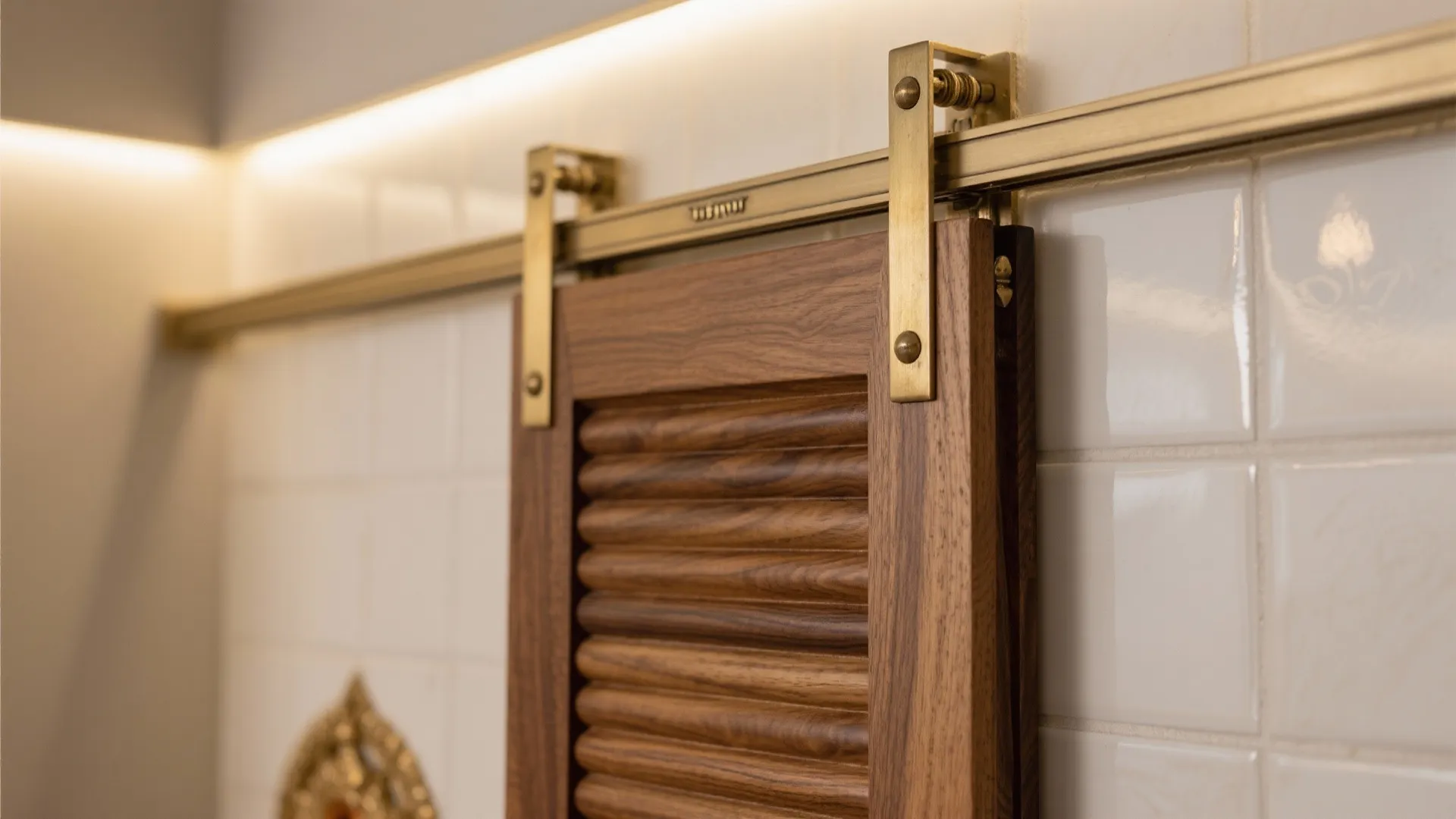 Close up of a wooden sliding door with gold metal tracks on a white wall