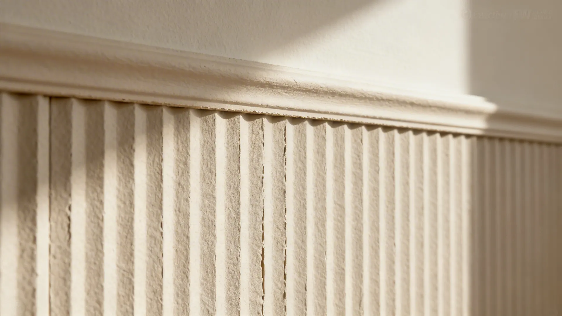 Close-up of fluted MDF wall with soft shadows and matte painted finish.