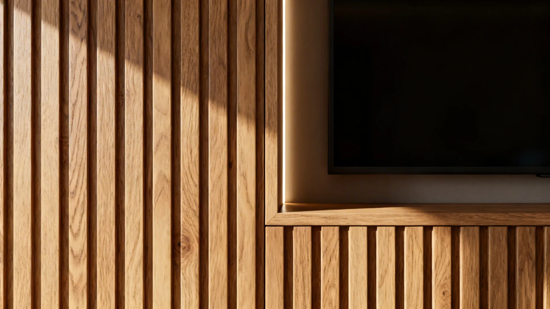 Close-up of fluted oak grooves with a shadow reveal and soft LED edge lighting.