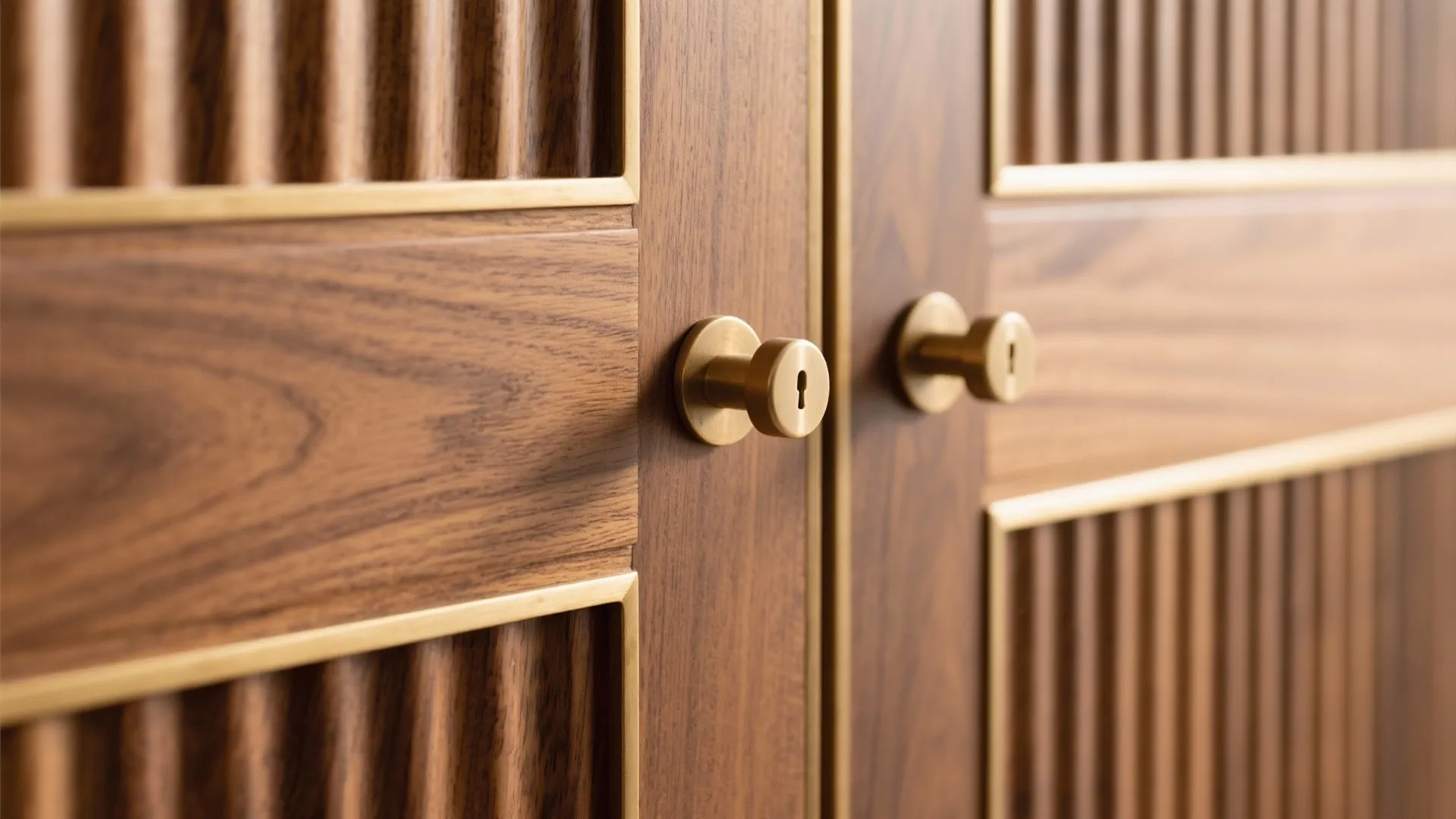 Macro of fluted wood panel with integrated pull and brass detail.