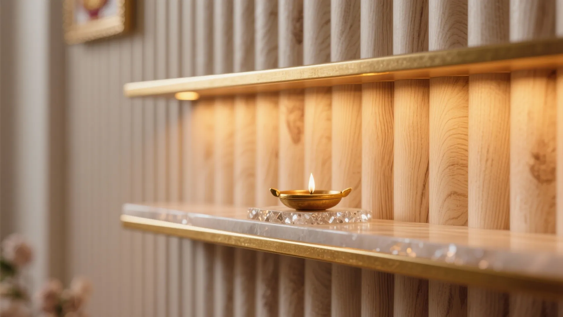 Macro detail of fluted panel with warm backlighting and brass-trimmed shelf above a quartz platform.