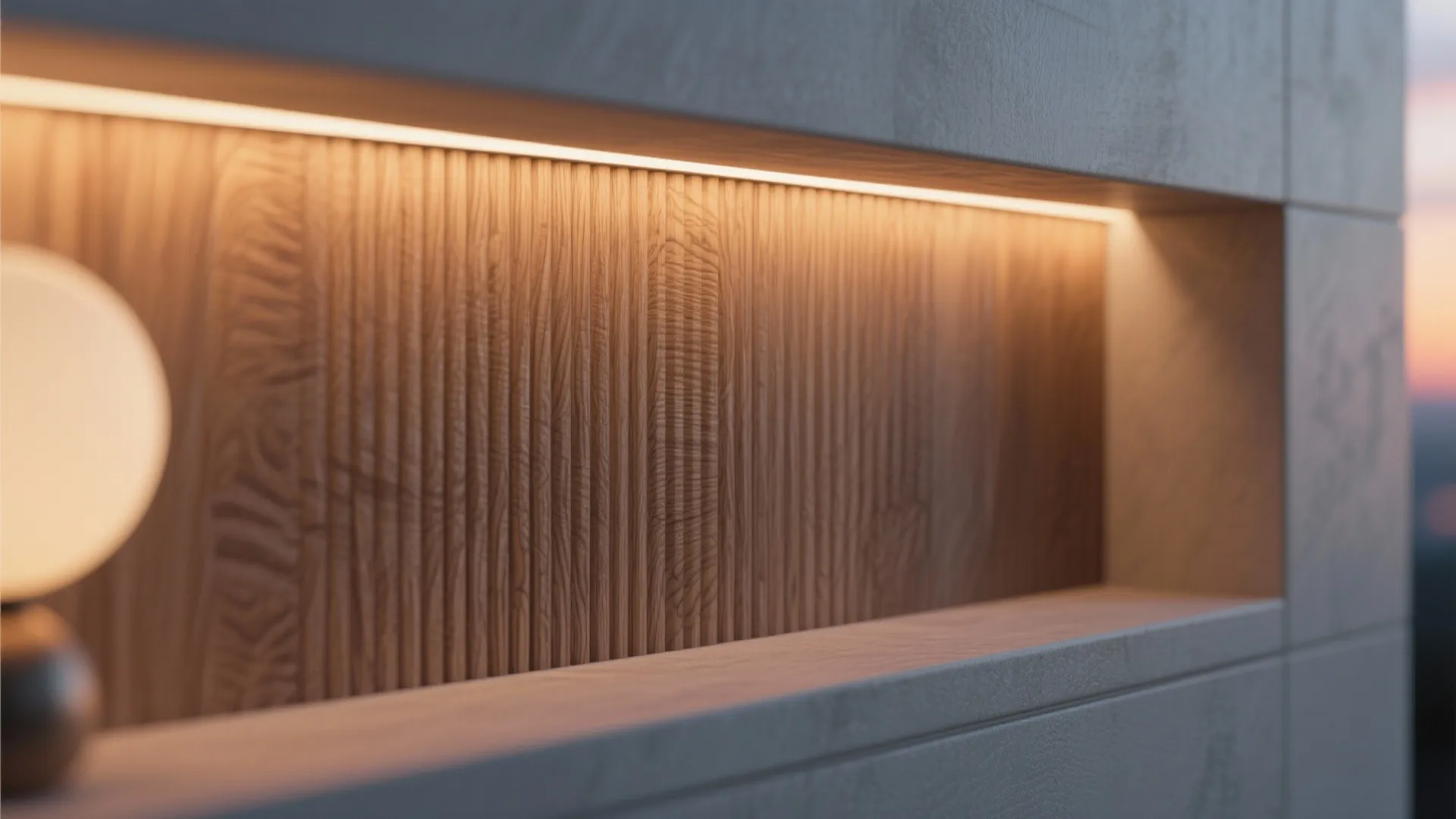 Built-in media wall with fluted panels and niche lighting