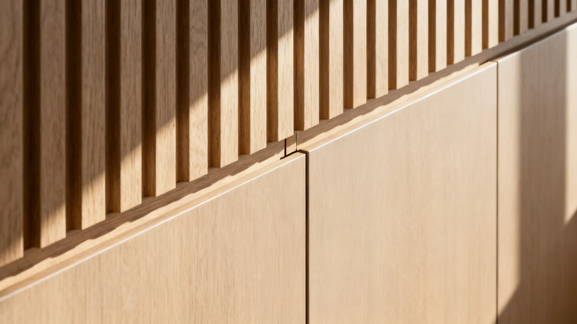 Close-up of vertical fluted wood paneling transitioning to a smooth cabinet door.