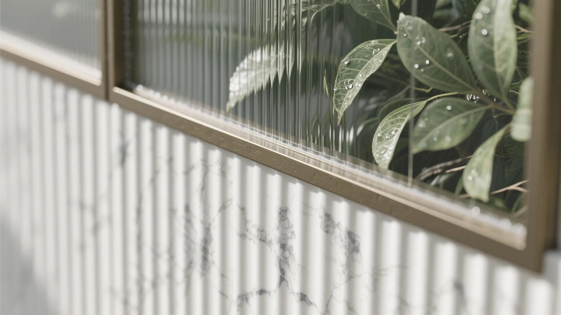 White marble wall panel below textured glass window showing green leaves with water drops behind