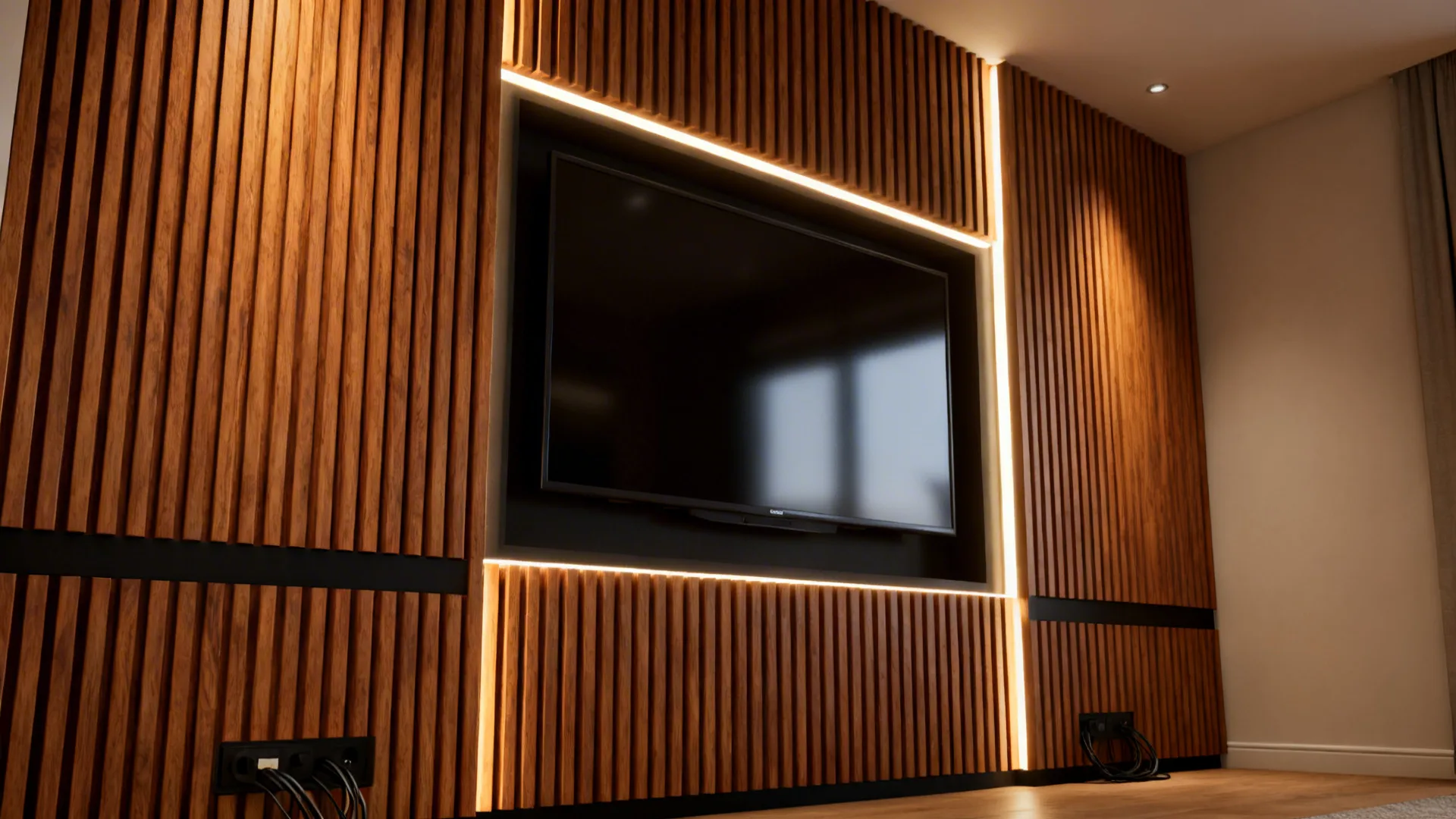 Media wall with fluted wood panels and soft integrated LED backlighting creating a warm glow.
