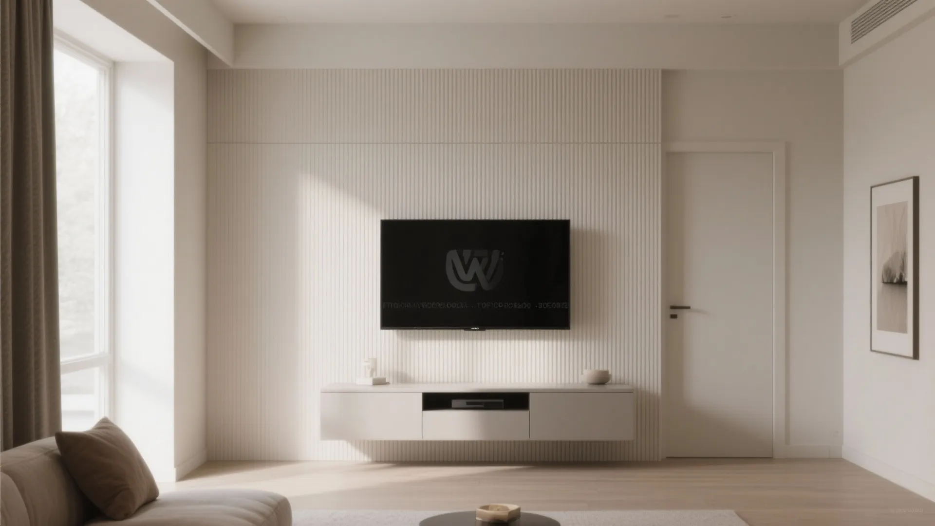 Minimalist living room with vertical wall panels, wall mounted television, white floating cabinet, and sunlight
