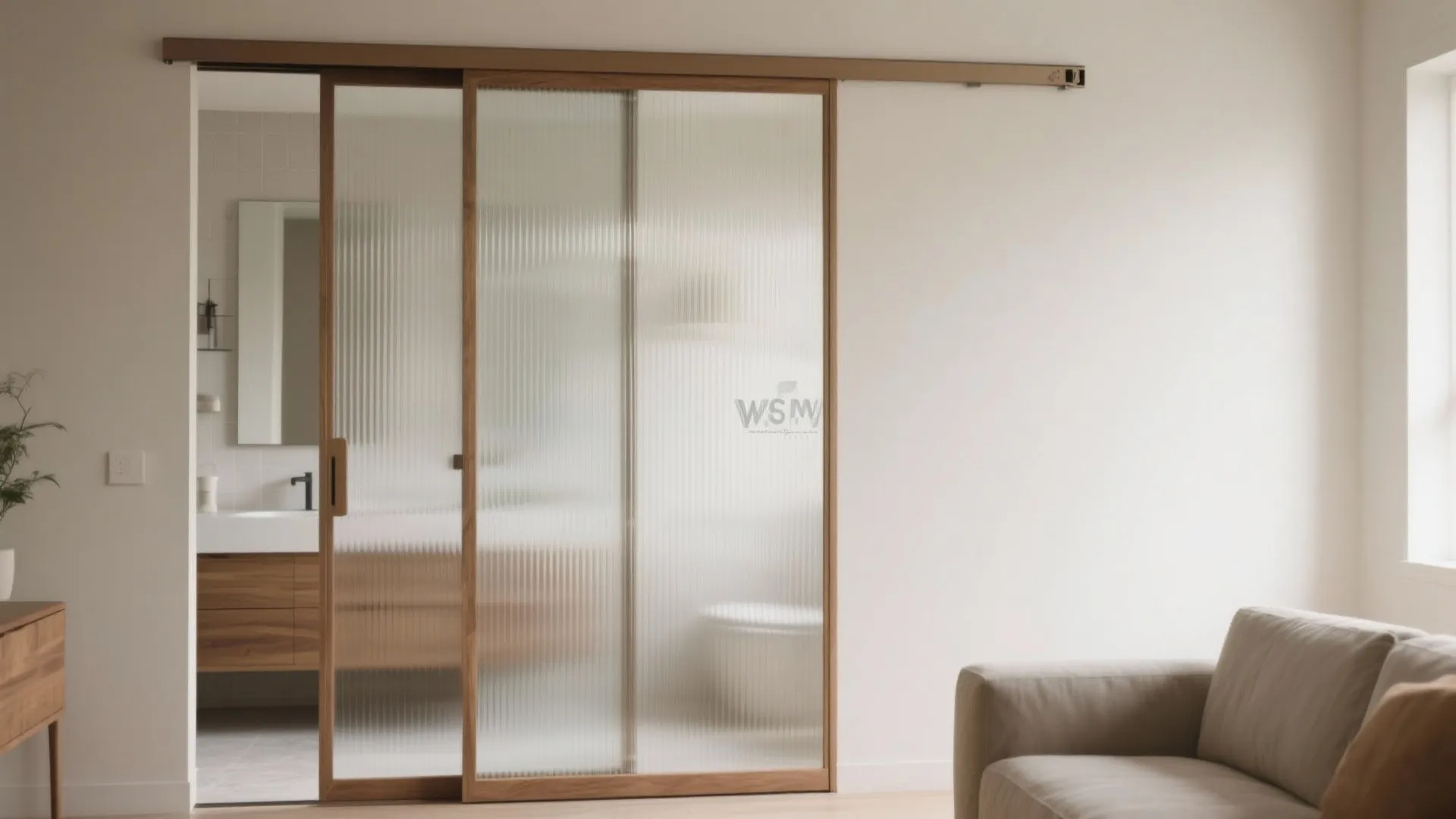 3) Reeded or fluted glass pocket door (opacity with texture)