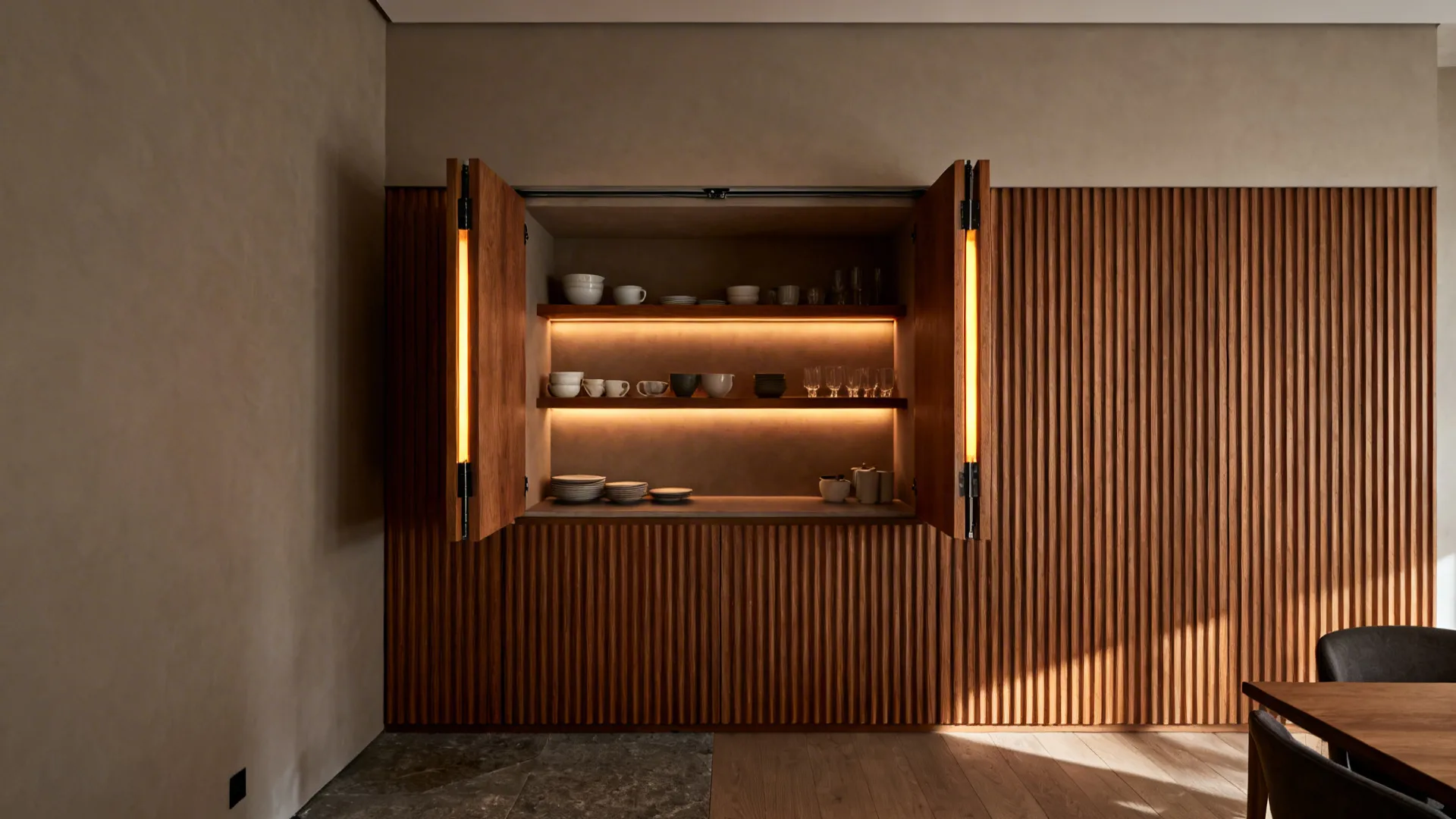 Wood wall panel with open cabinet showing shelves of bowls and glasses with warm lights