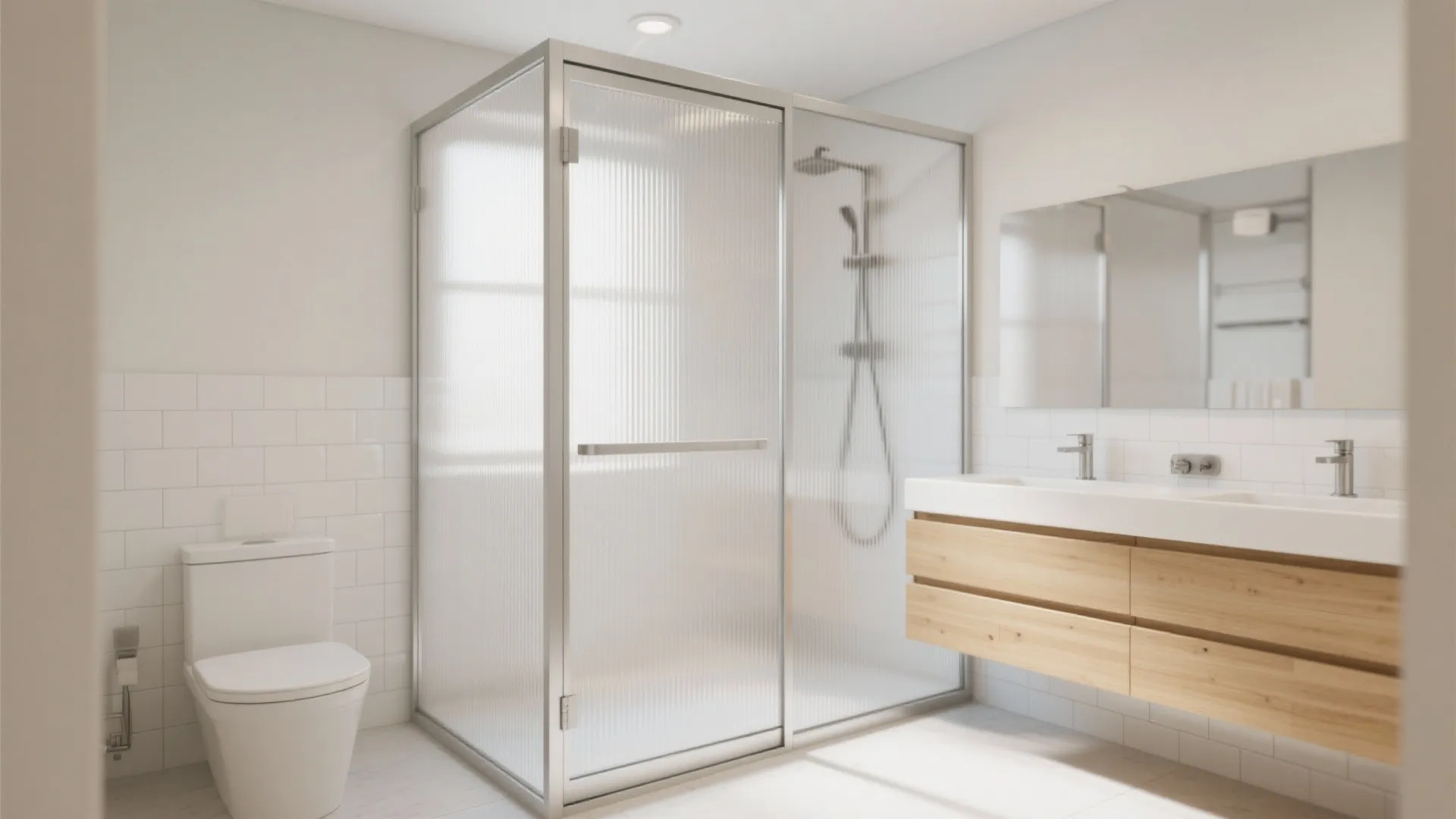Bright bathroom interior with frosted glass shower box wooden cabinet white toilet and subway tiles