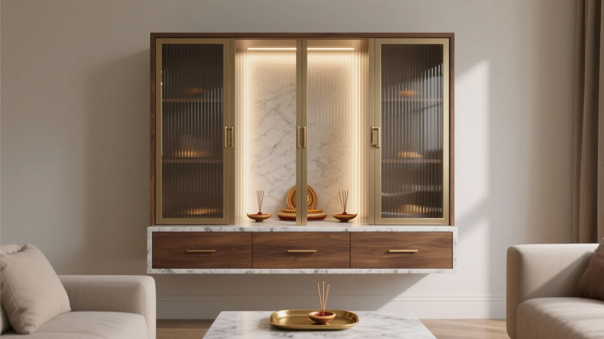 1) Minimal fluted-glass pooja cupboard with concealed storage