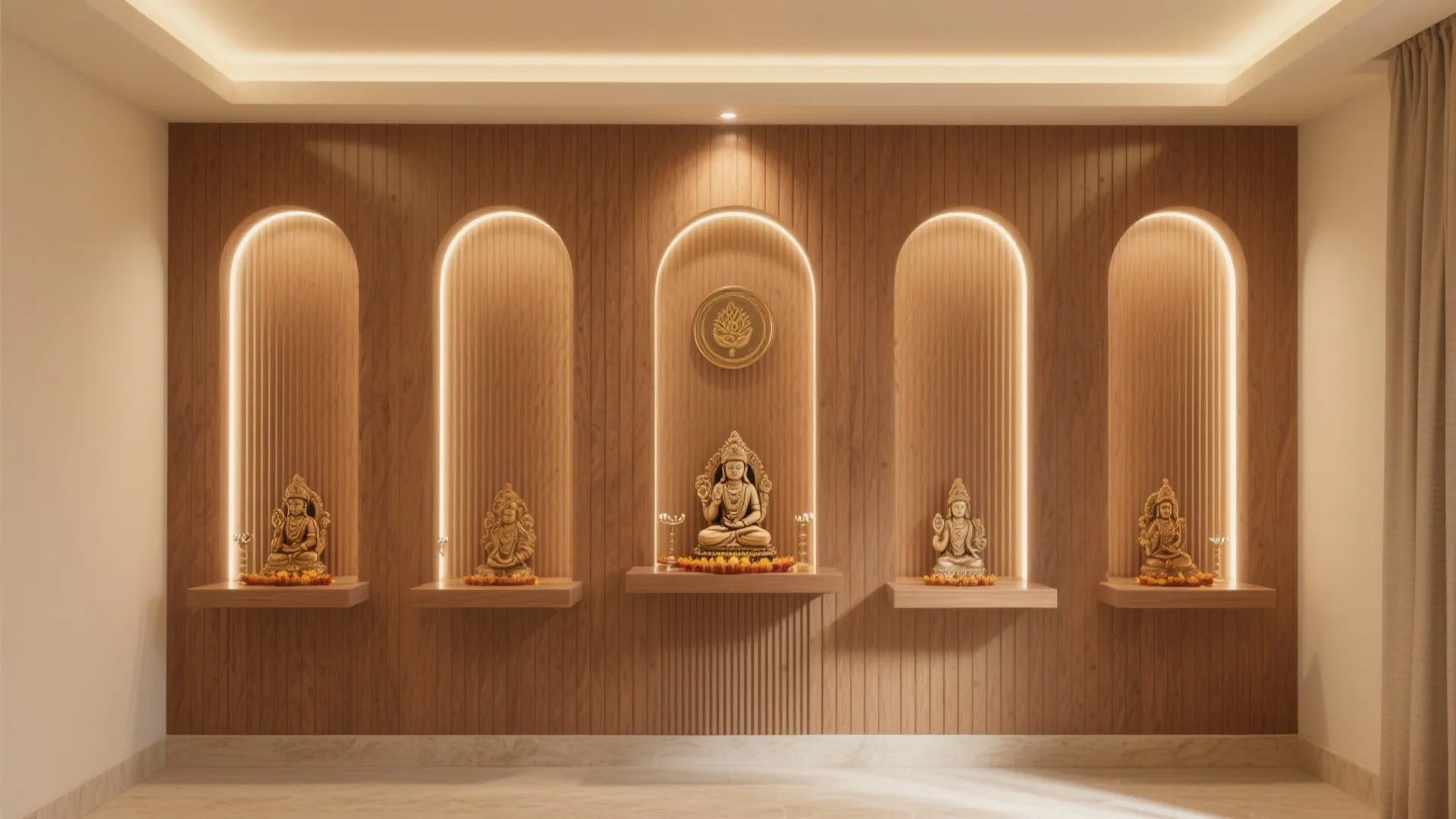 Fluted Panels with Floating Shelves and Soft Backlight