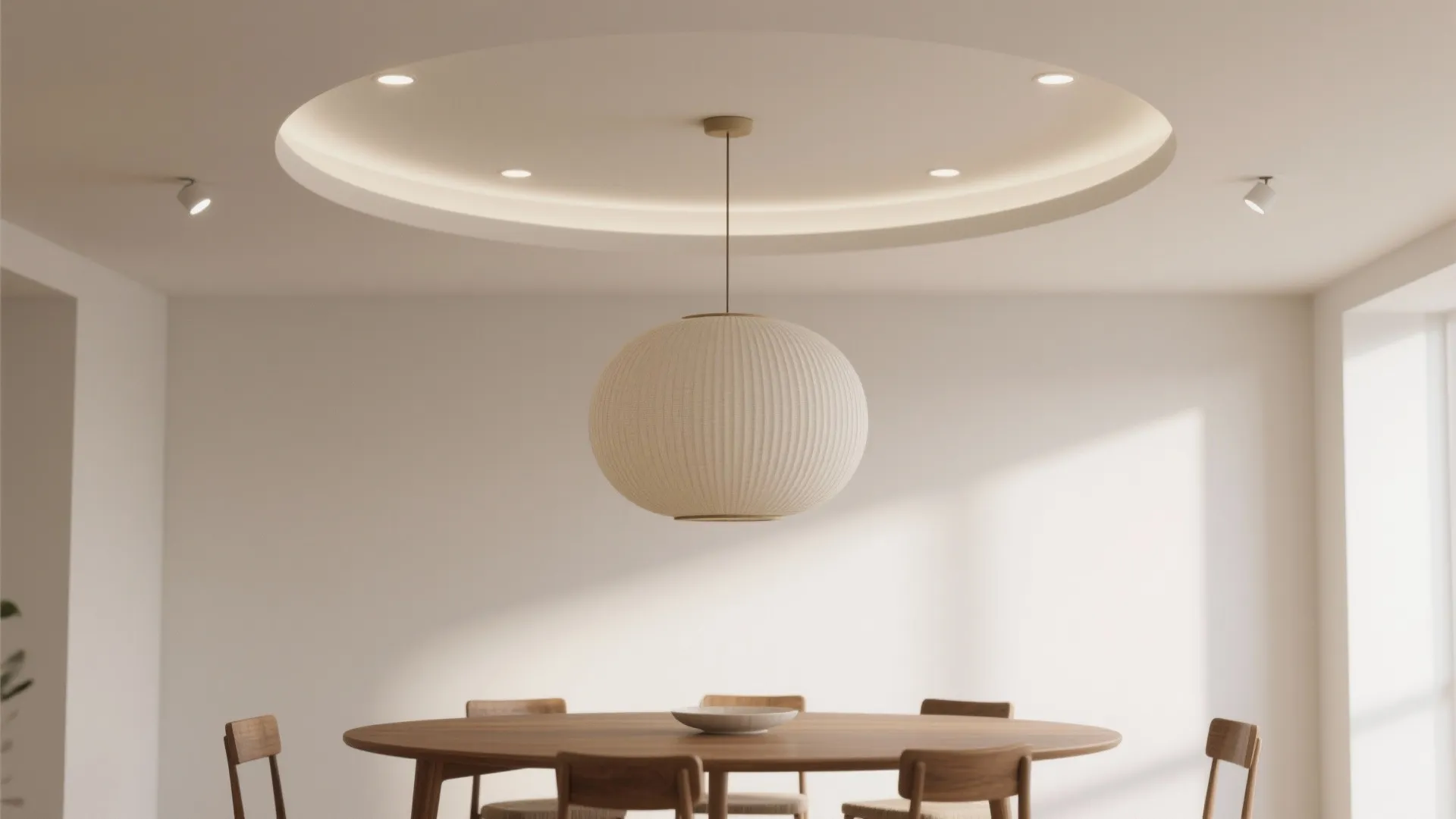 Modern dining room with a round wooden table and chairs under a circular ceiling light