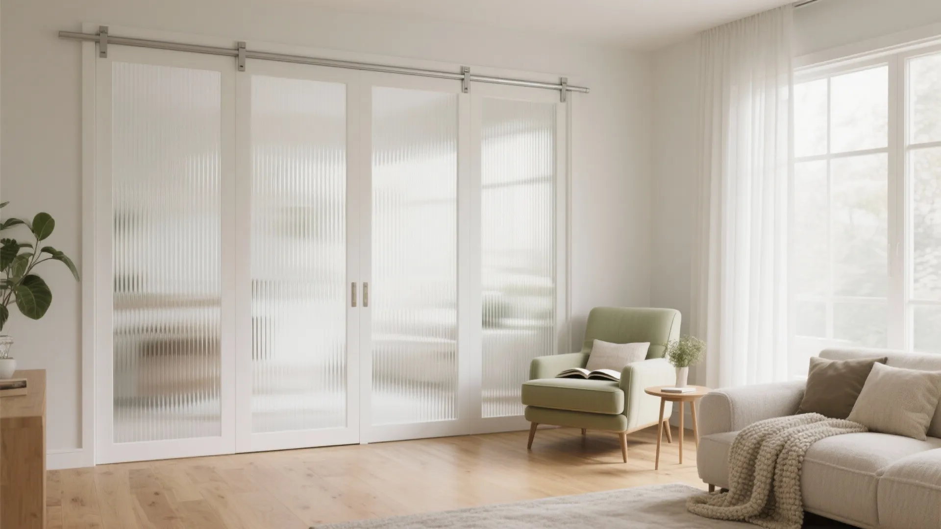 Modern room with white ribbed glass sliding doors next to a green armchair and sofa