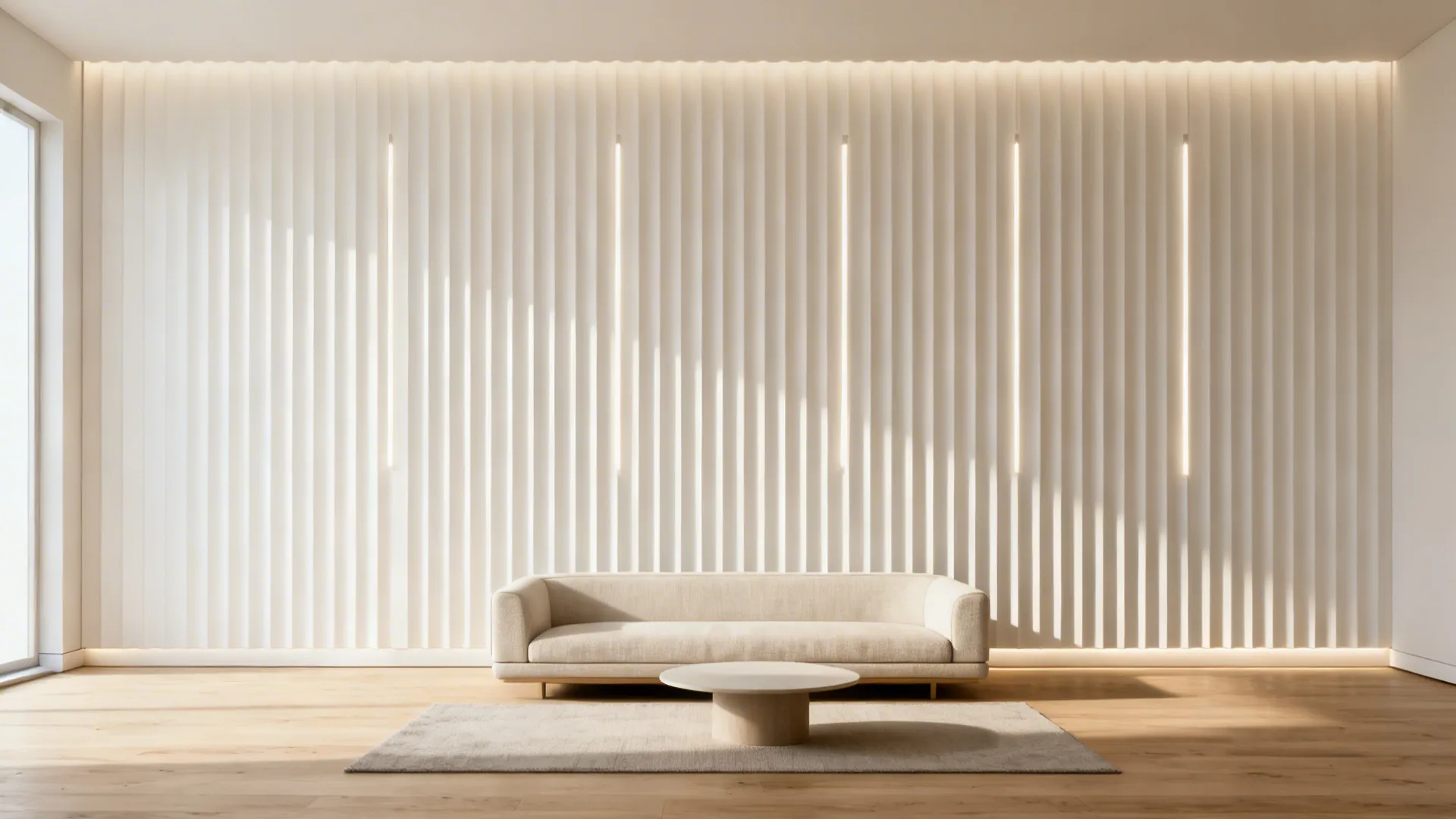 Minimal living room with matte white fluted PVC accent wall behind a slim sofa.
