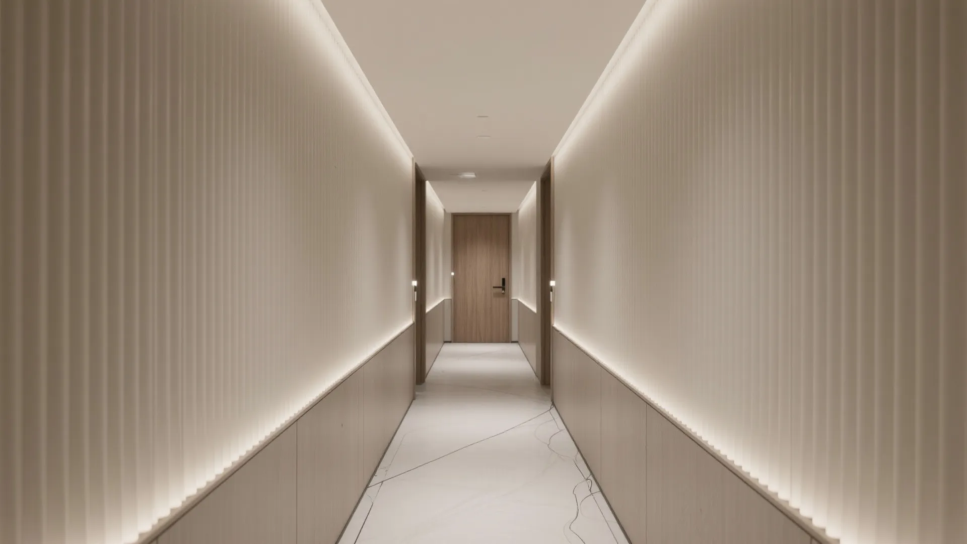Modern long hallway with light brown wall panels and hidden lights along the marble floor