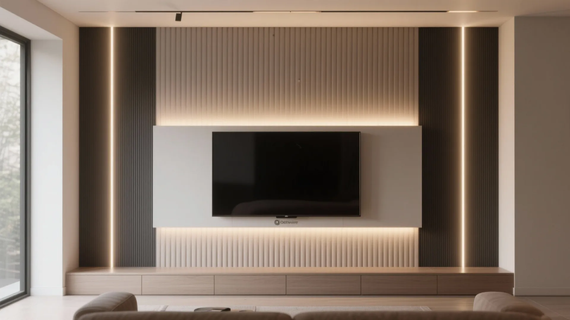 Modern living room with wall panel design featuring a large television and warm hidden lights