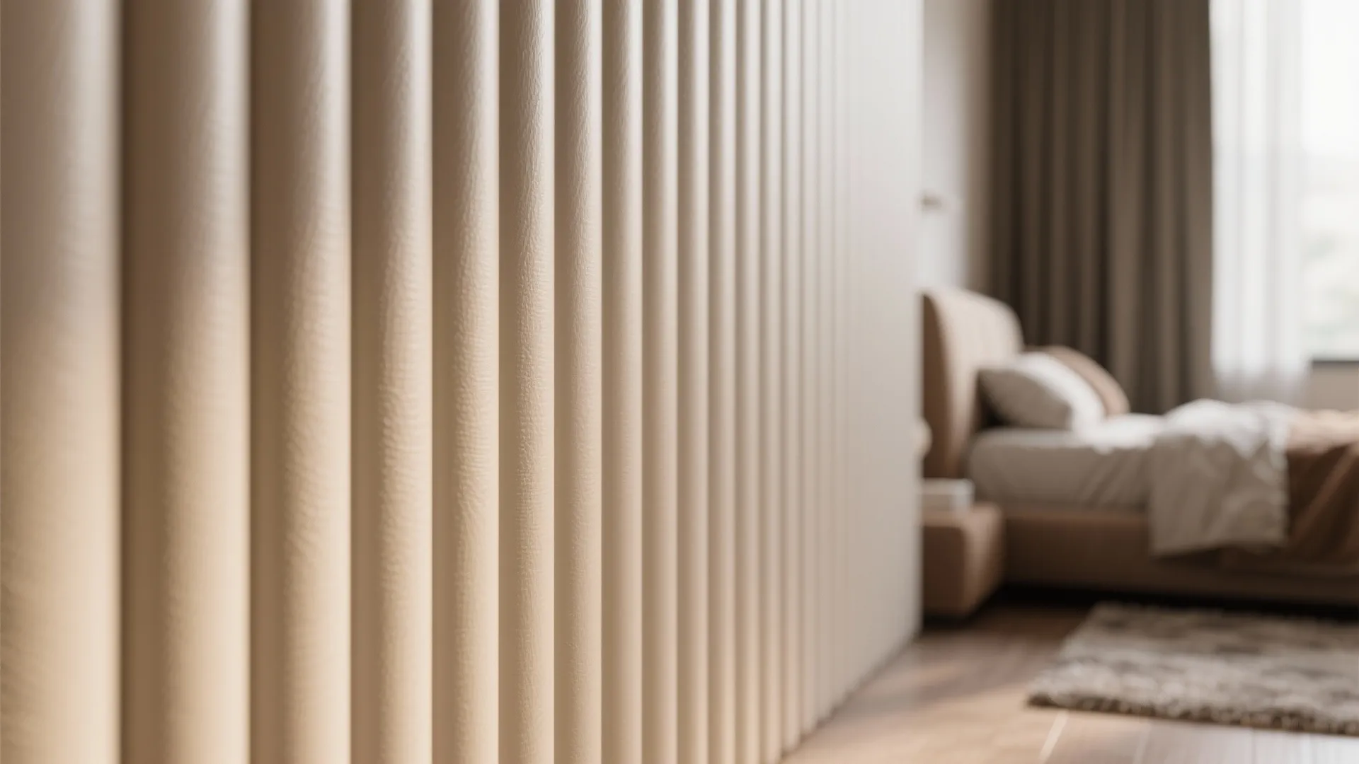 Close up of beige textured wall panel in a cozy bedroom with bed and curtains