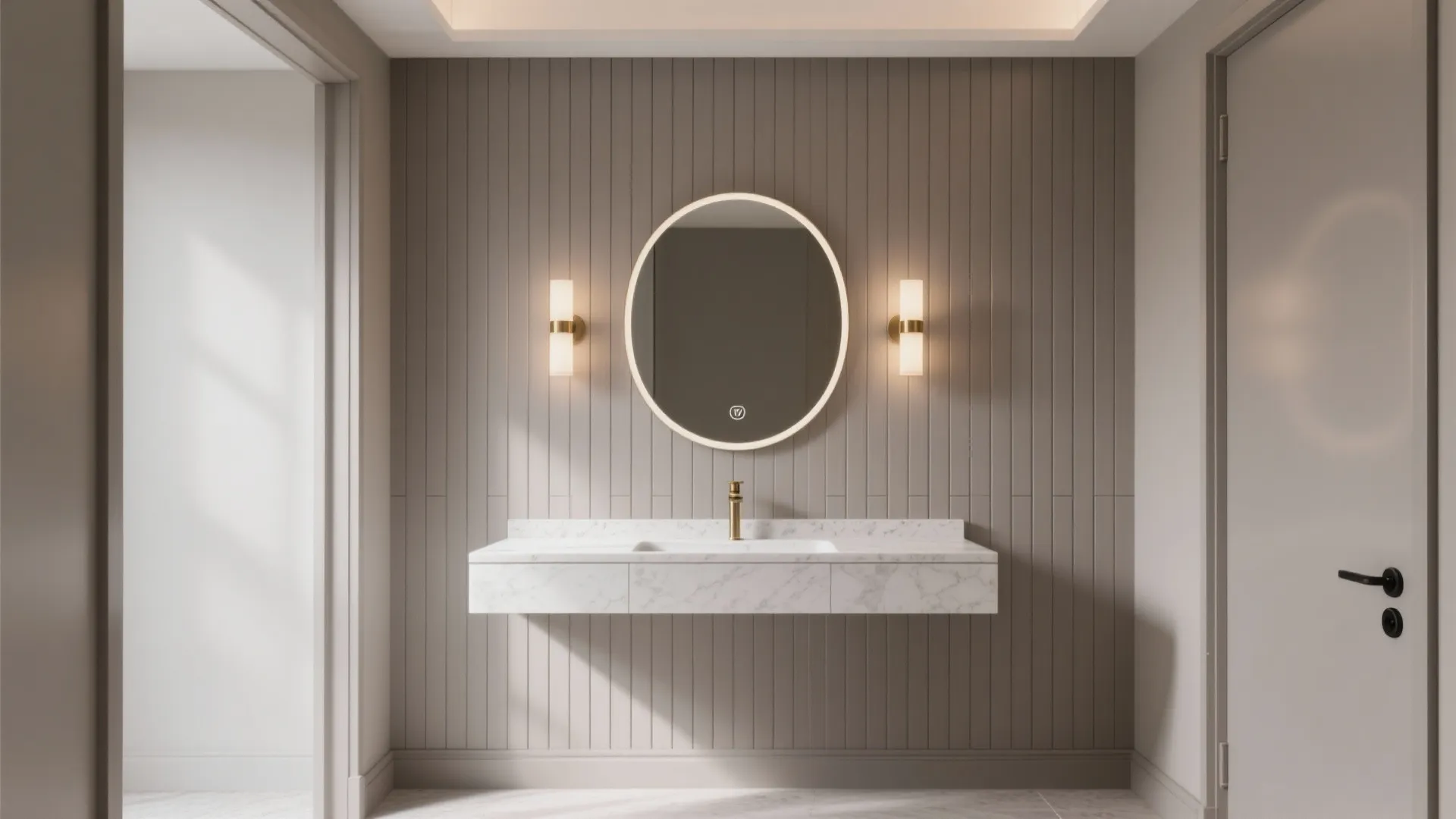 Vertical fluted PVC wall behind a modern vanity, creating a calm spa vibe.