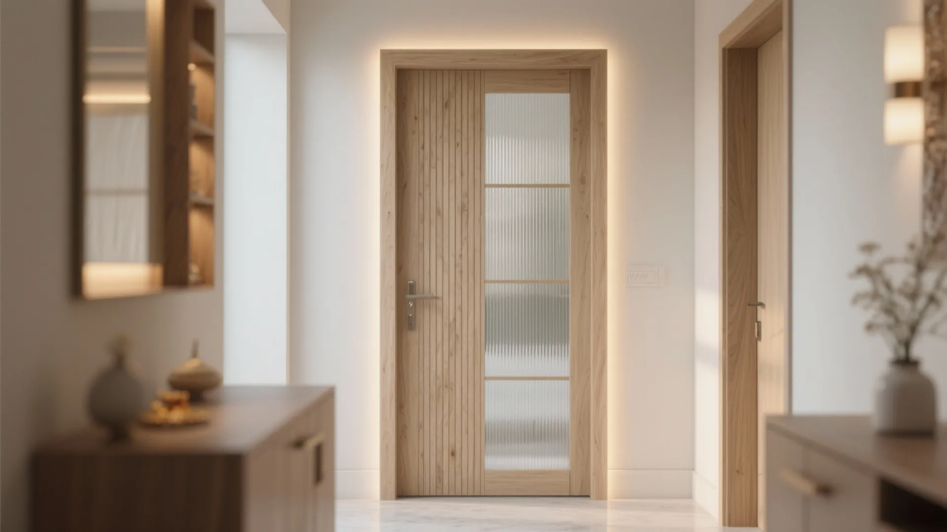 Modern wood door with glass panels and warm light strips in a white hallway interior design