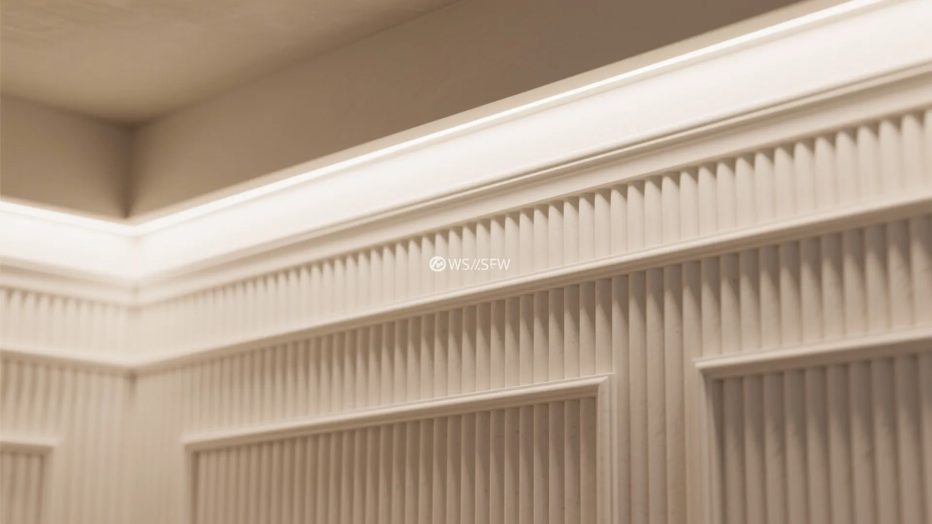 Close up of white wall panel with vertical lines and hidden light fixture for decoration