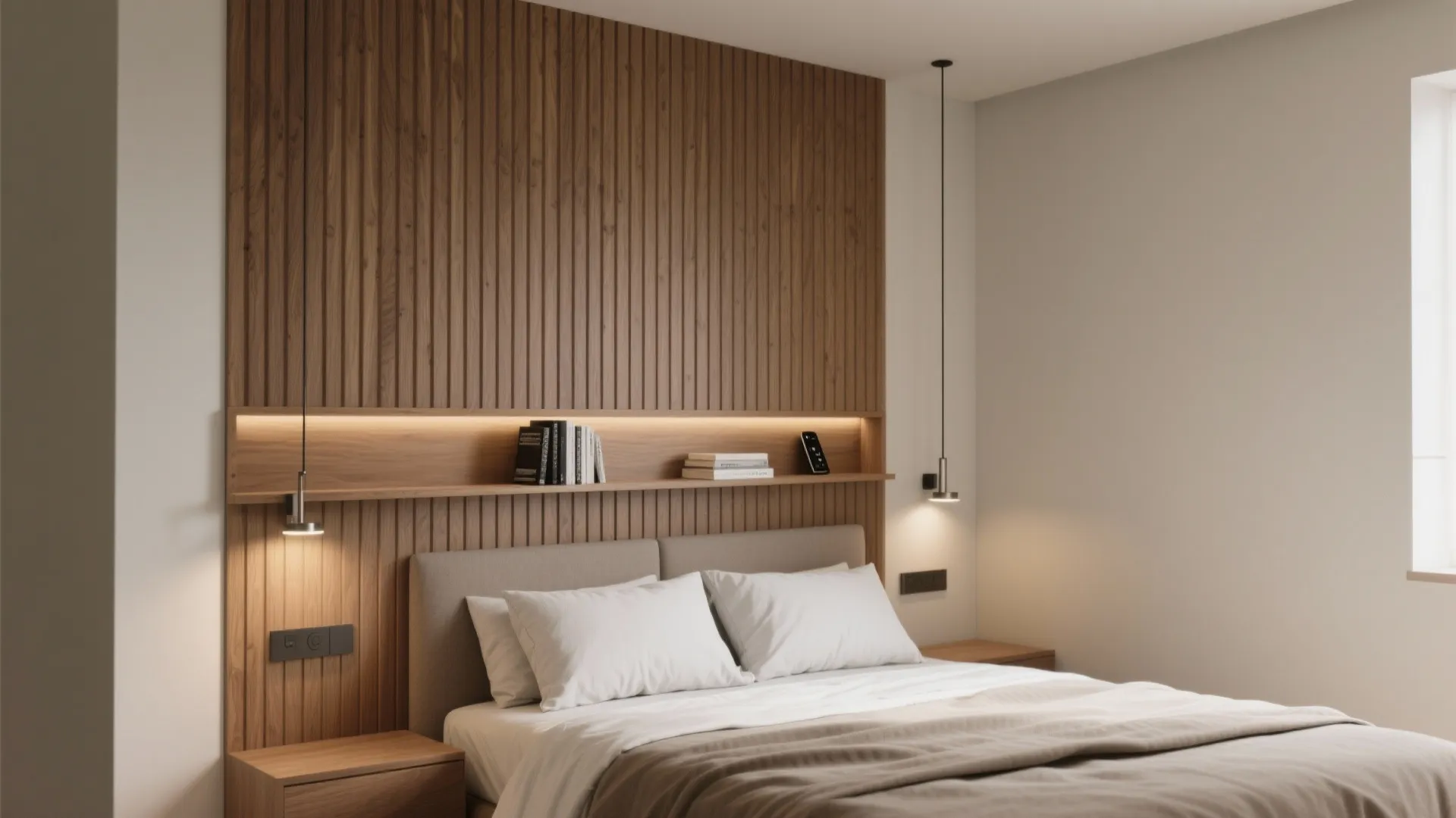 Fluted wood panelling with a shelf-style headboard