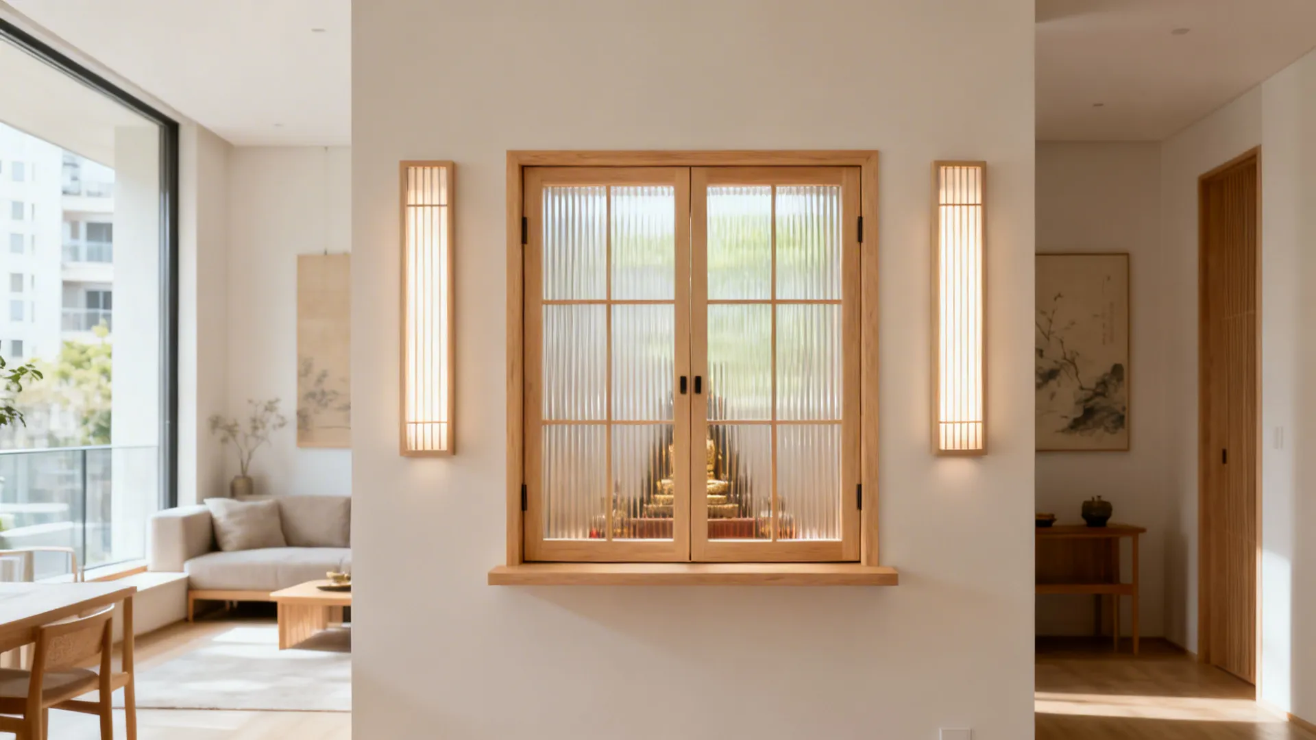Shoji-style double doors with fluted glass in light wood frames.
