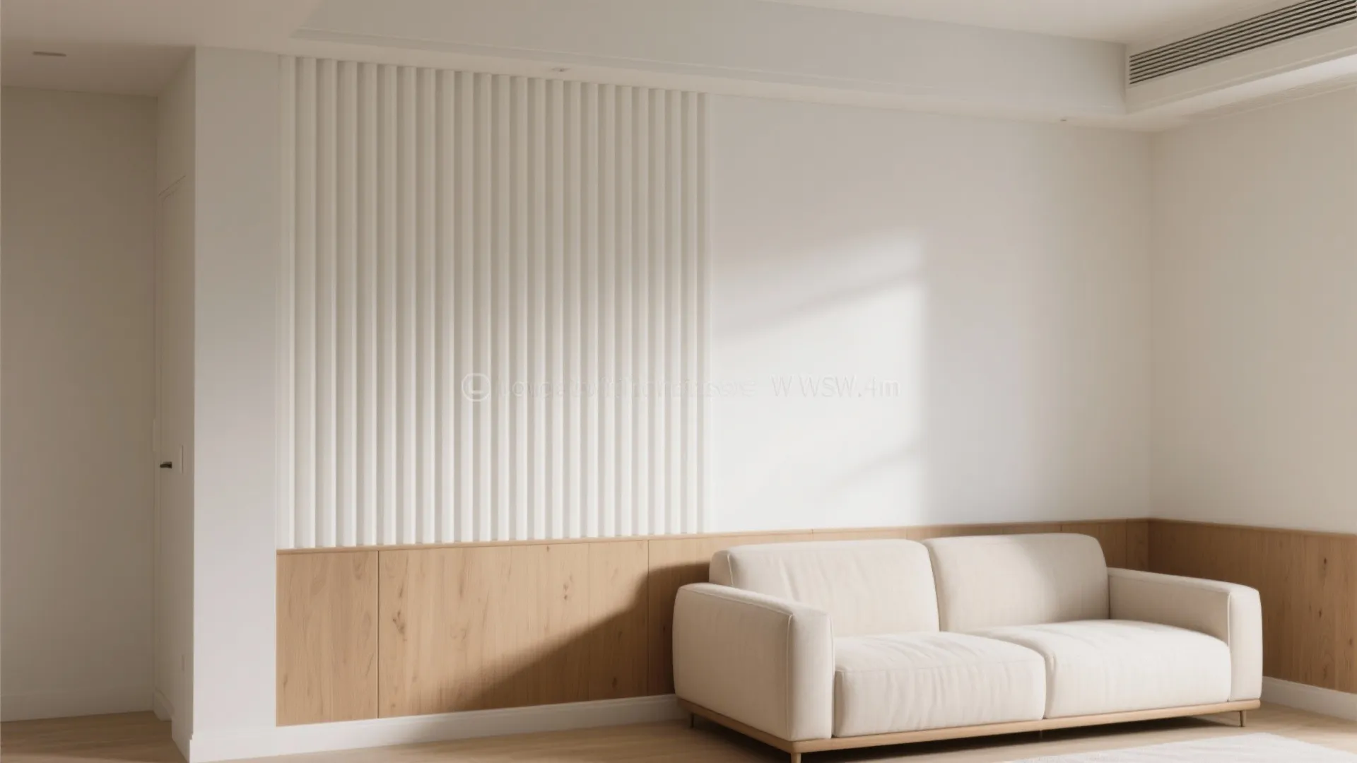 Minimalist living room with white cream sofa vertical wall panels and light wood cabinet design