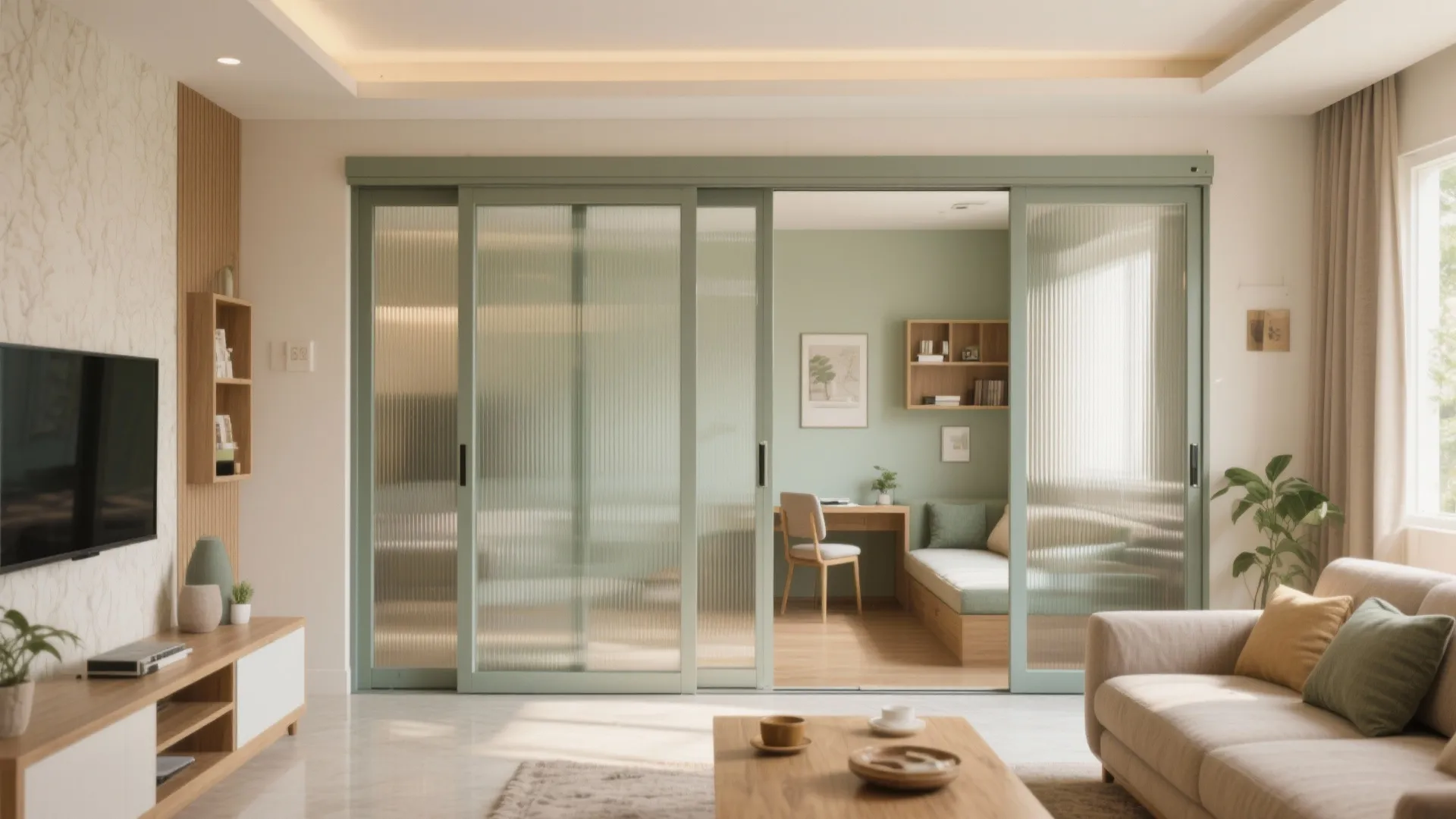 Sliding partitions for a flexible living-dining