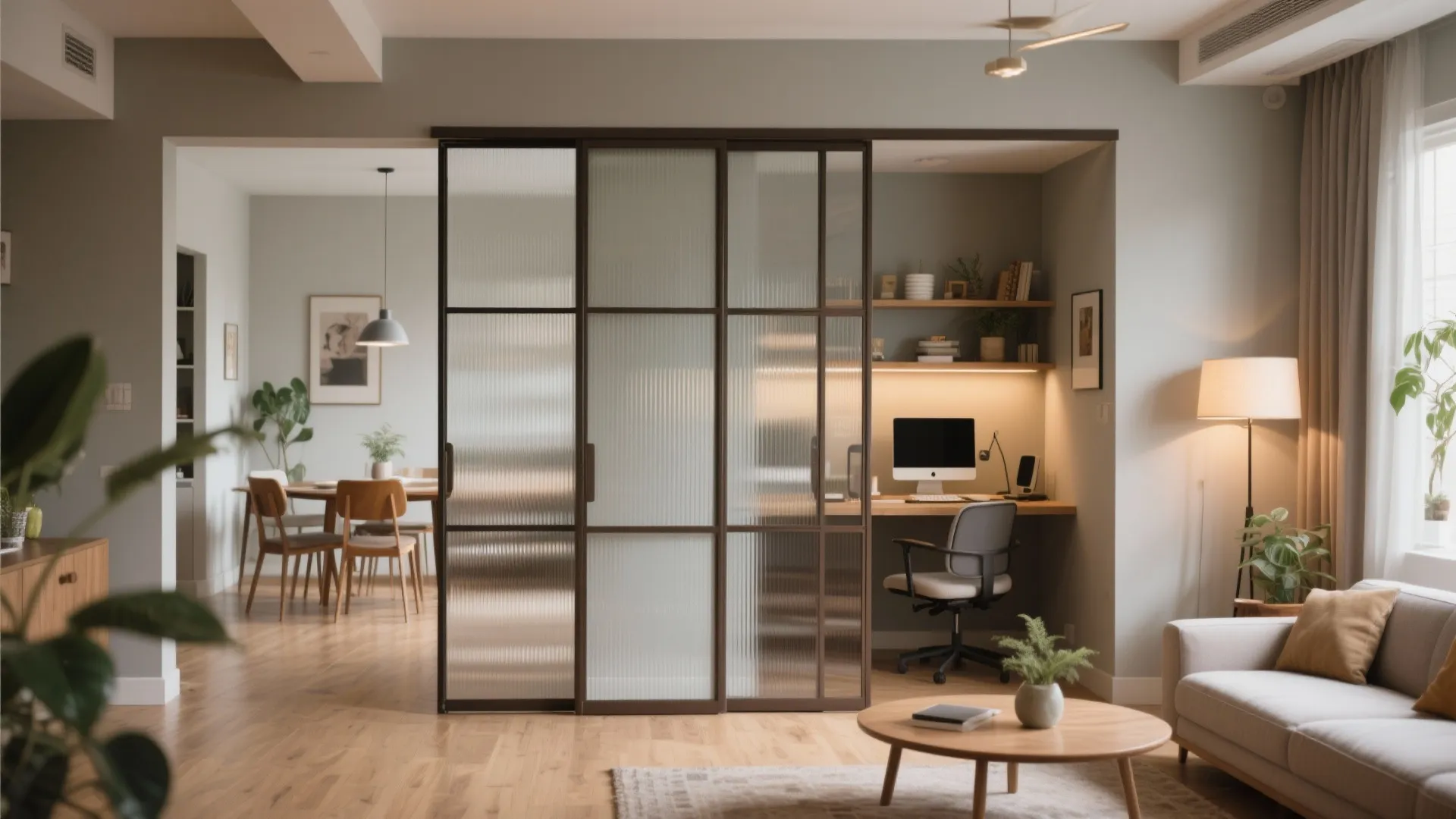 Sliding Partitions for a Flexible Living–Dining–Work Zone